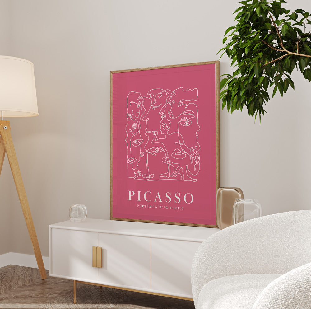 Pink modern print inspired by Picasso, perfect for minimalist and artistic living rooms.