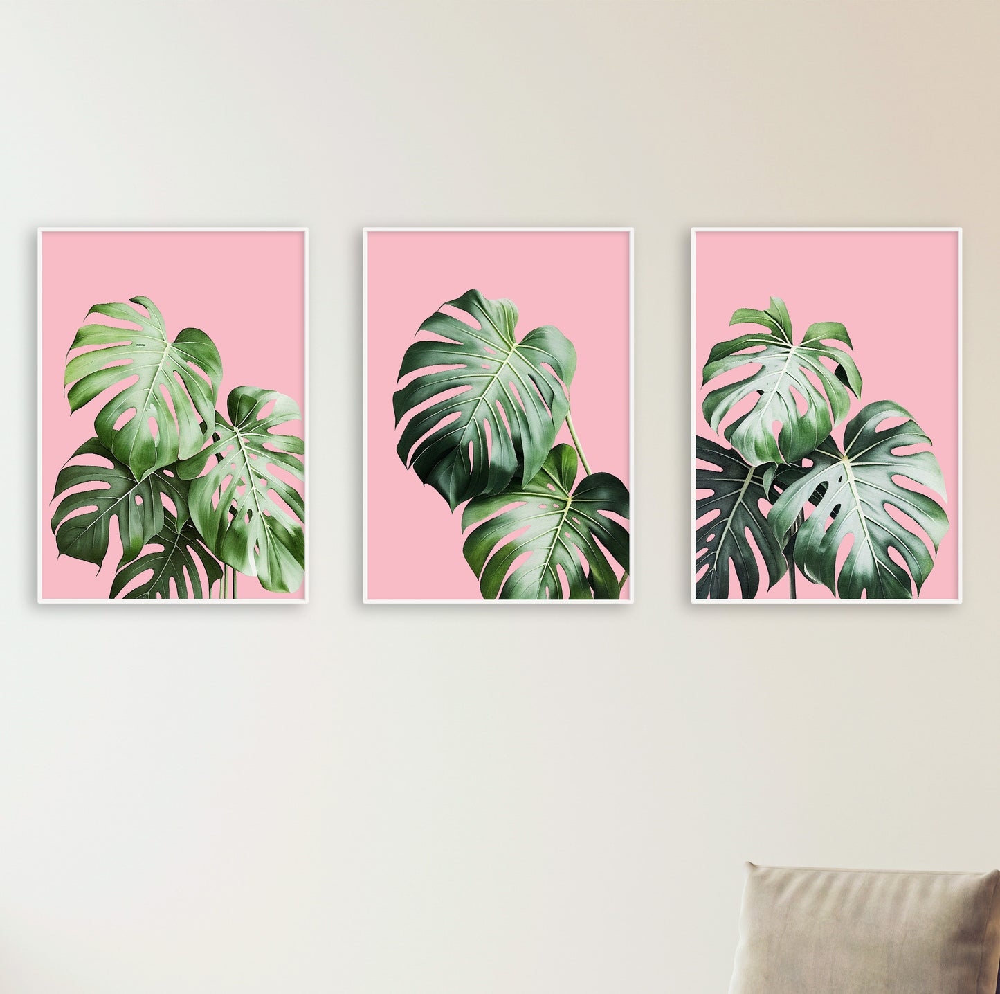 Set of three tropical leaf prints with playful pink background for lively home interiors.