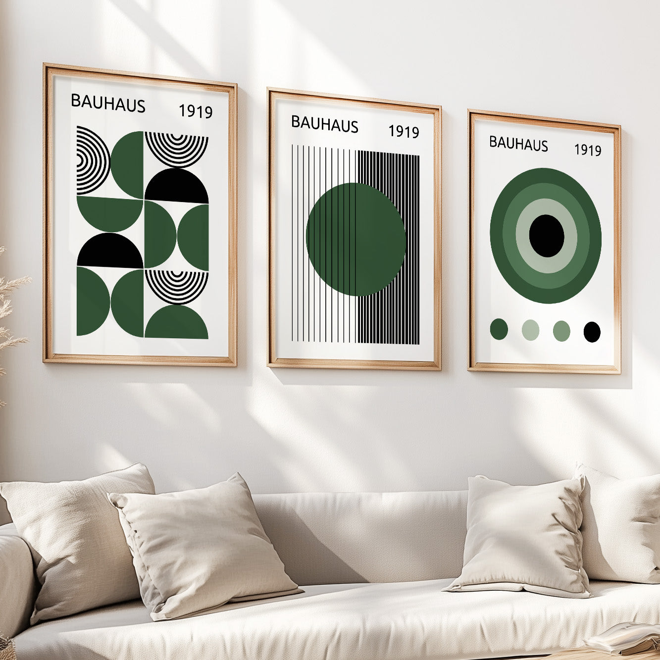 Retro Bauhaus art triptych featuring dark green and black abstract designs for stylish interiors.
