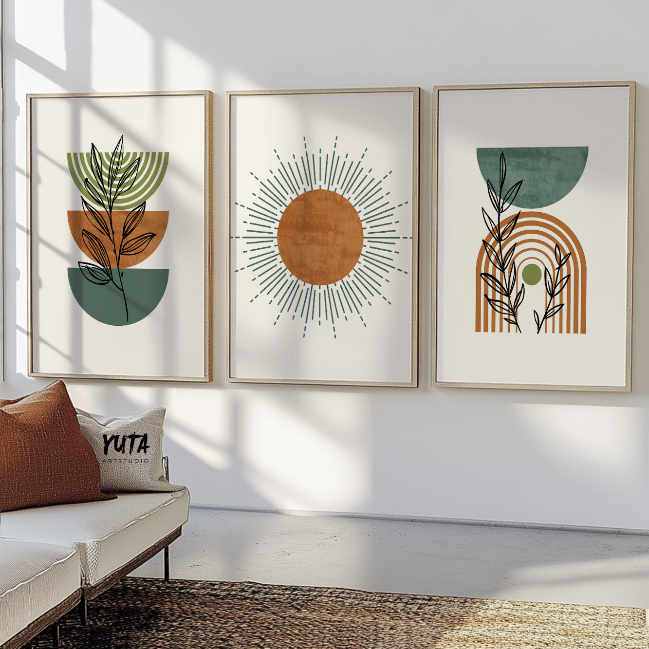 Mid century inspired botanical prints with sun and rainbow shapes in neutral tones