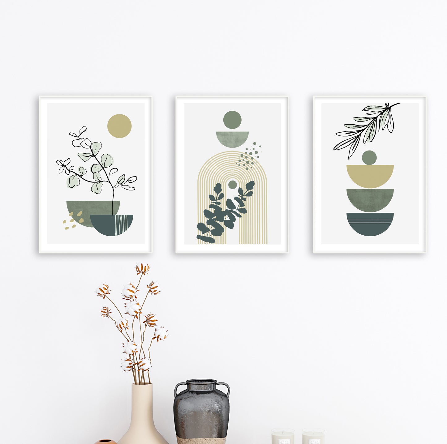 Minimalist plant art featuring layered olive and green shapes with abstract line branches.