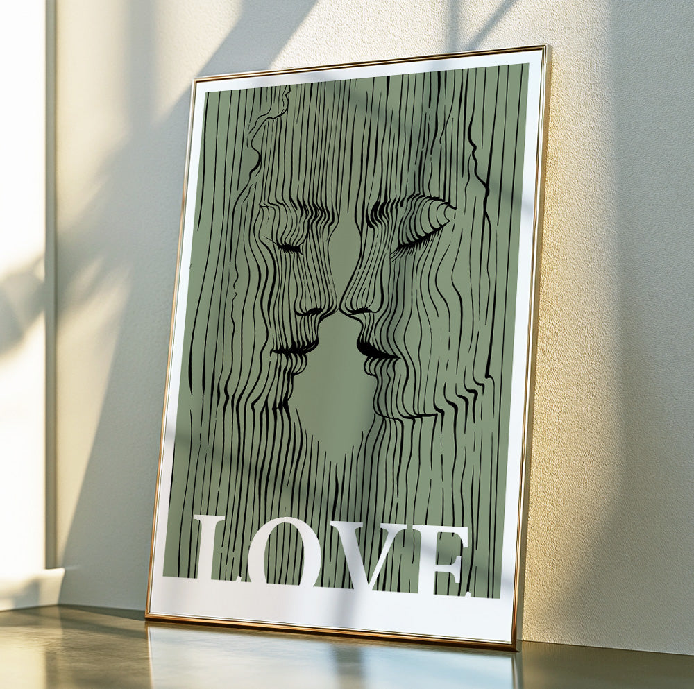 Sage Green Love Portrait – Minimalist Kissing Lovers Art for Eclectic Apartment Decor