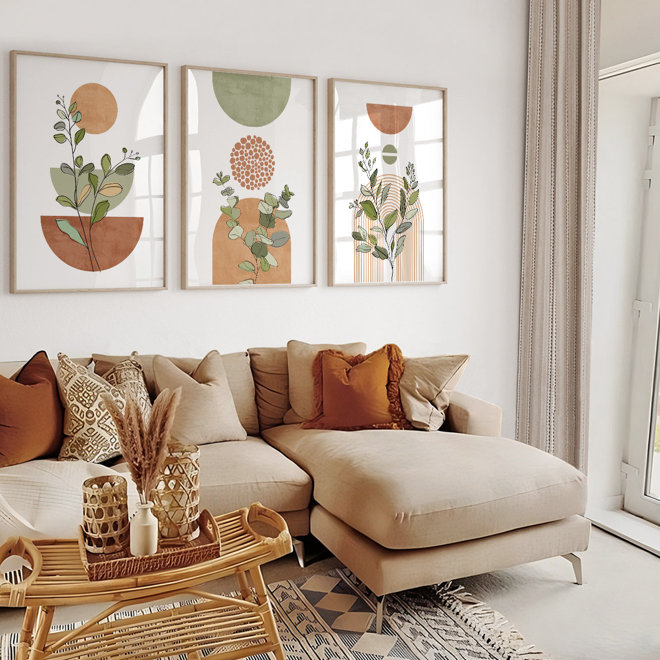 Terracotta Green Boho Art Set – Mid Century Modern Neutral Wall Art, Large Gallery Wall Prints for Living Room & Bedroom
