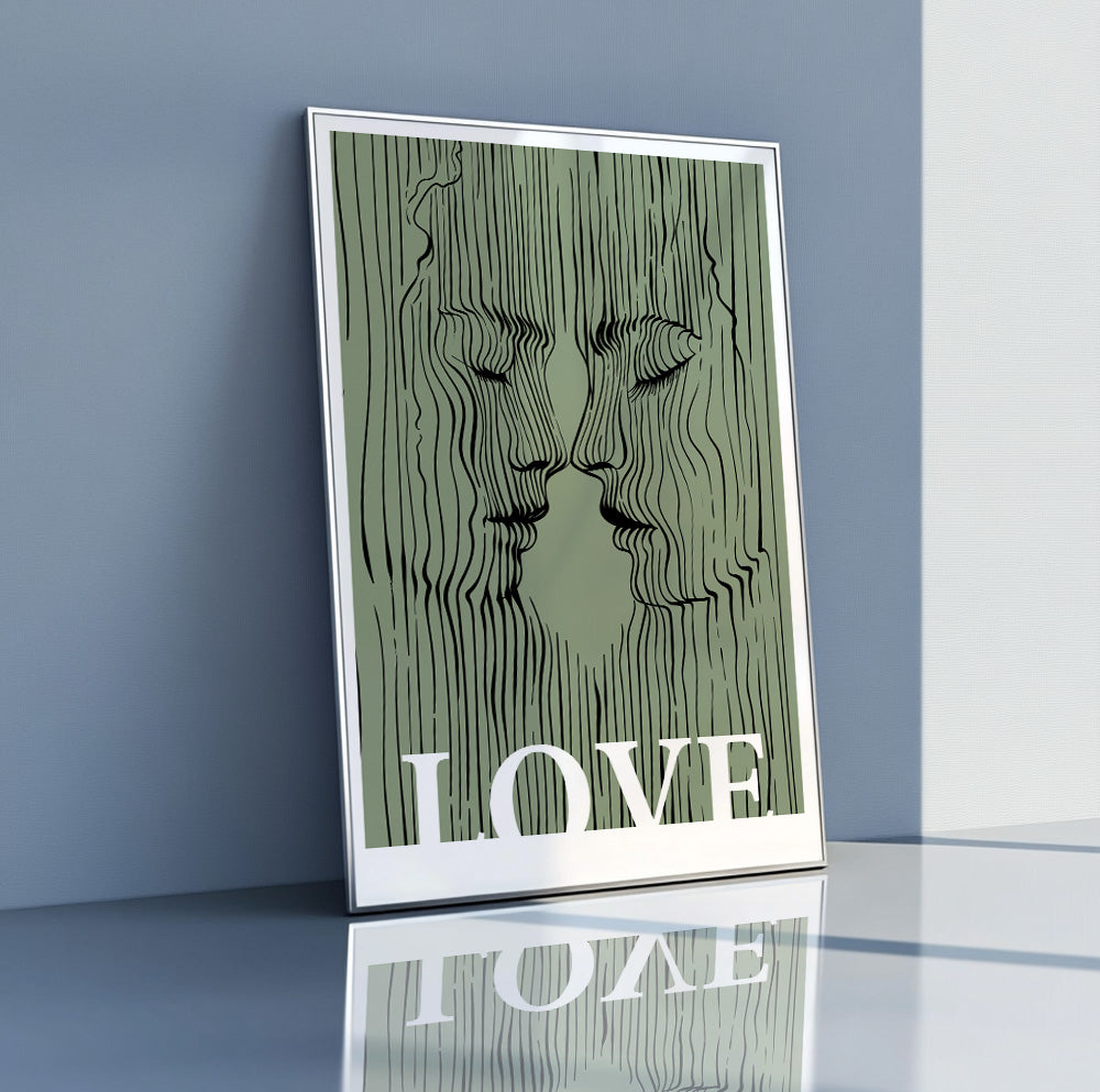 Sage Green Love Couple Art – Abstract Kissing Lovers Portrait for Eclectic Living Room or Bedroom