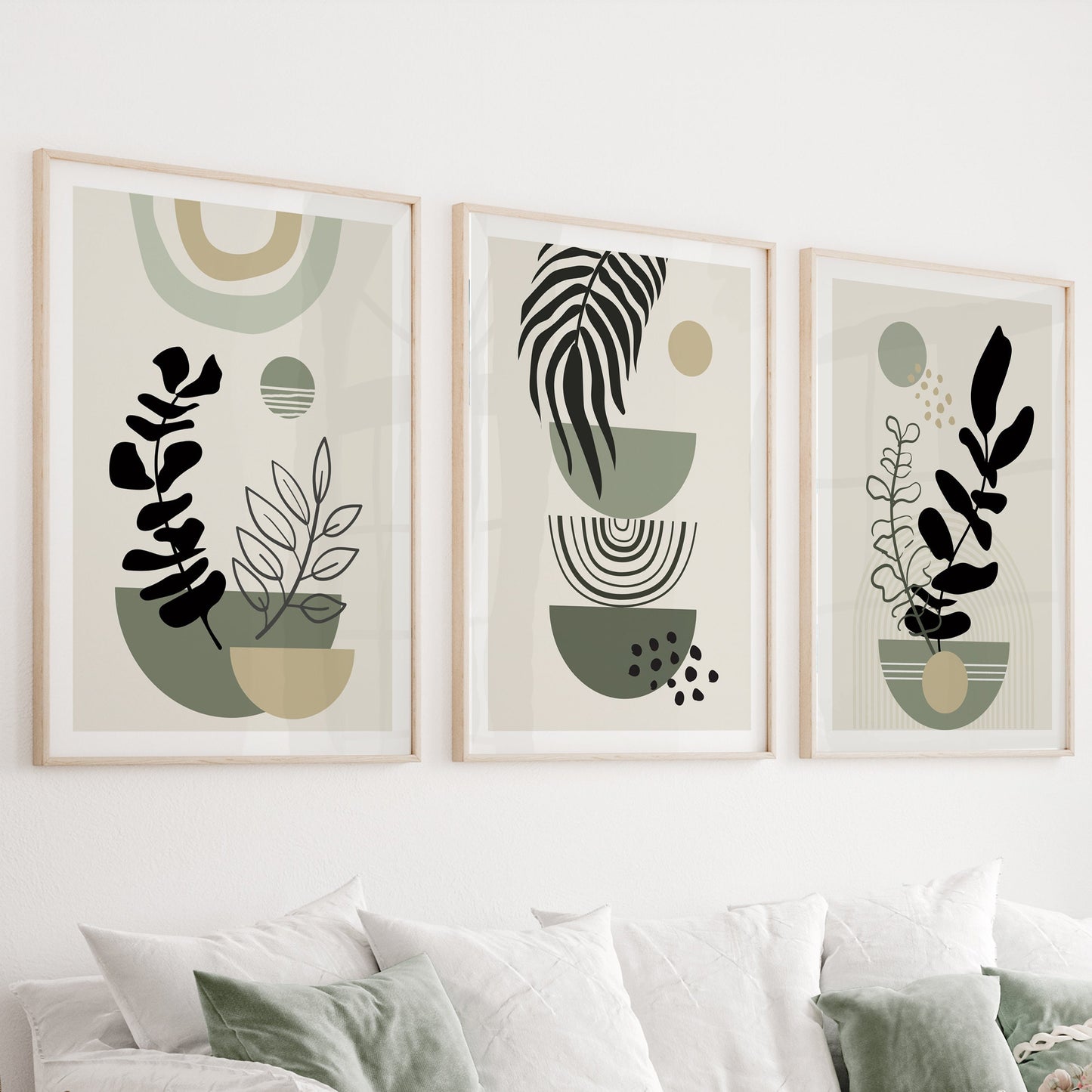 Sage green boho print set of 3 for mid-century modern neutral gallery wall decor.