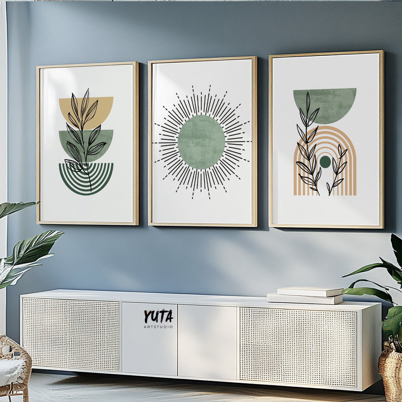 Modern boho home decor prints featuring sunburst, rainbow and minimalist plant motifs