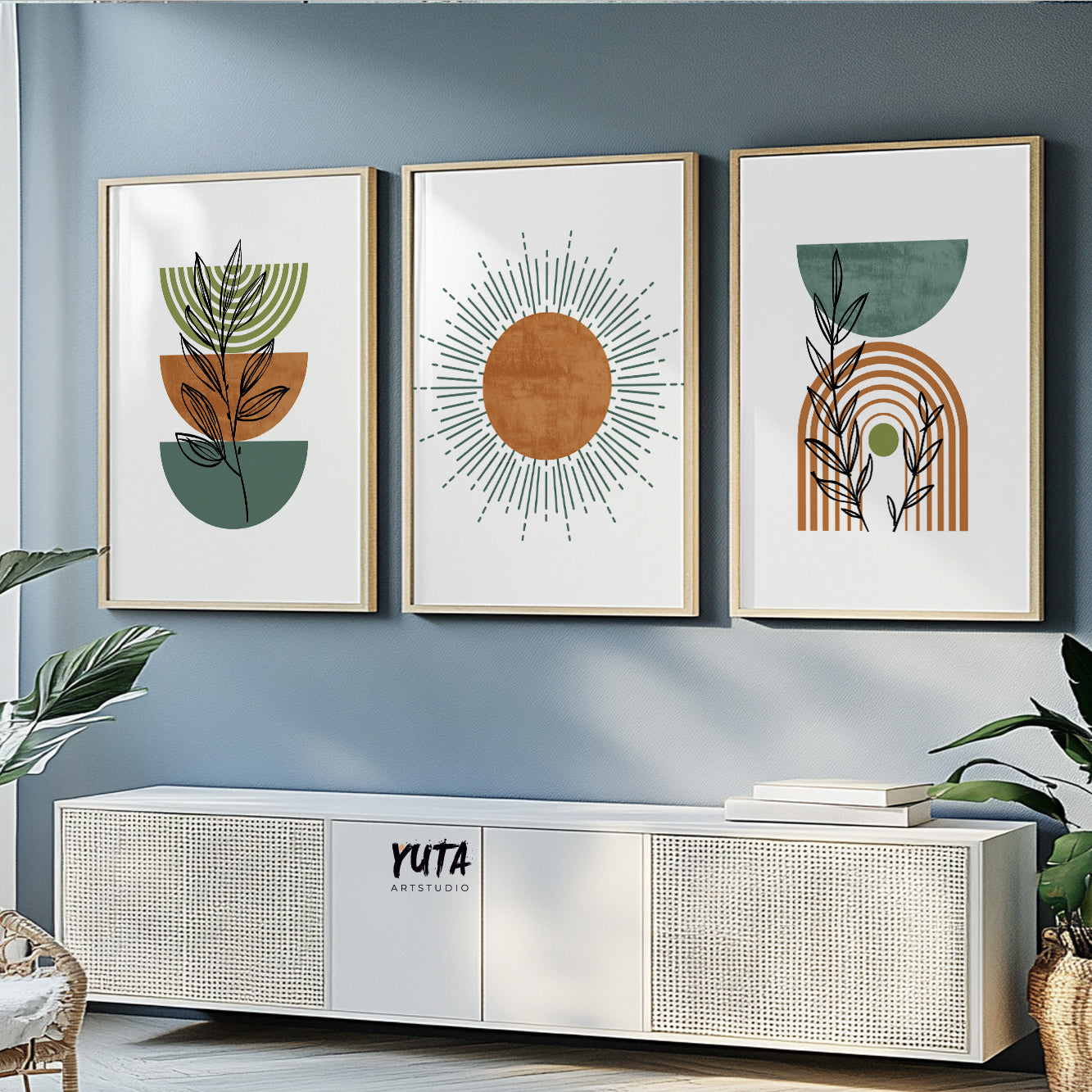 Abstract nature-themed boho posters with retro design influence