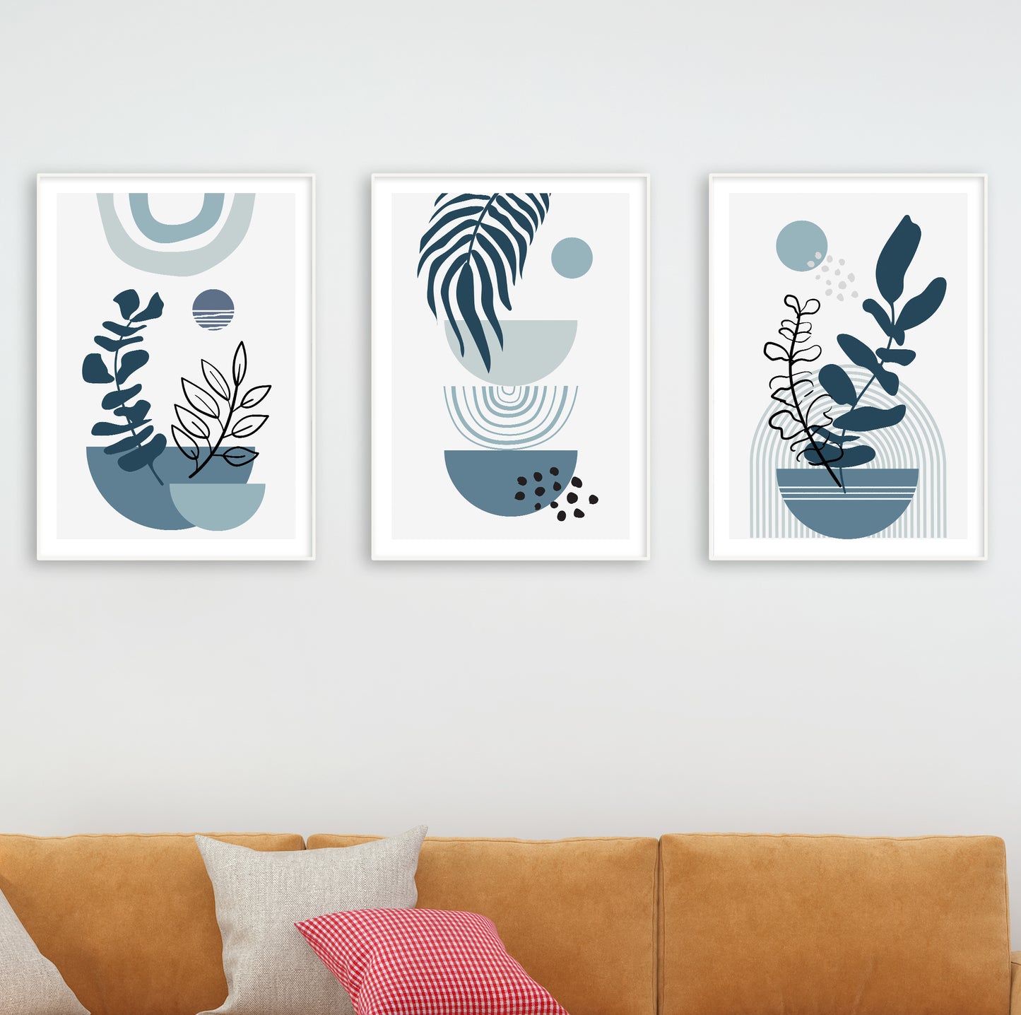 Coastal-style prints featuring abstract foliage and blue-toned pottery shapes on clean background.