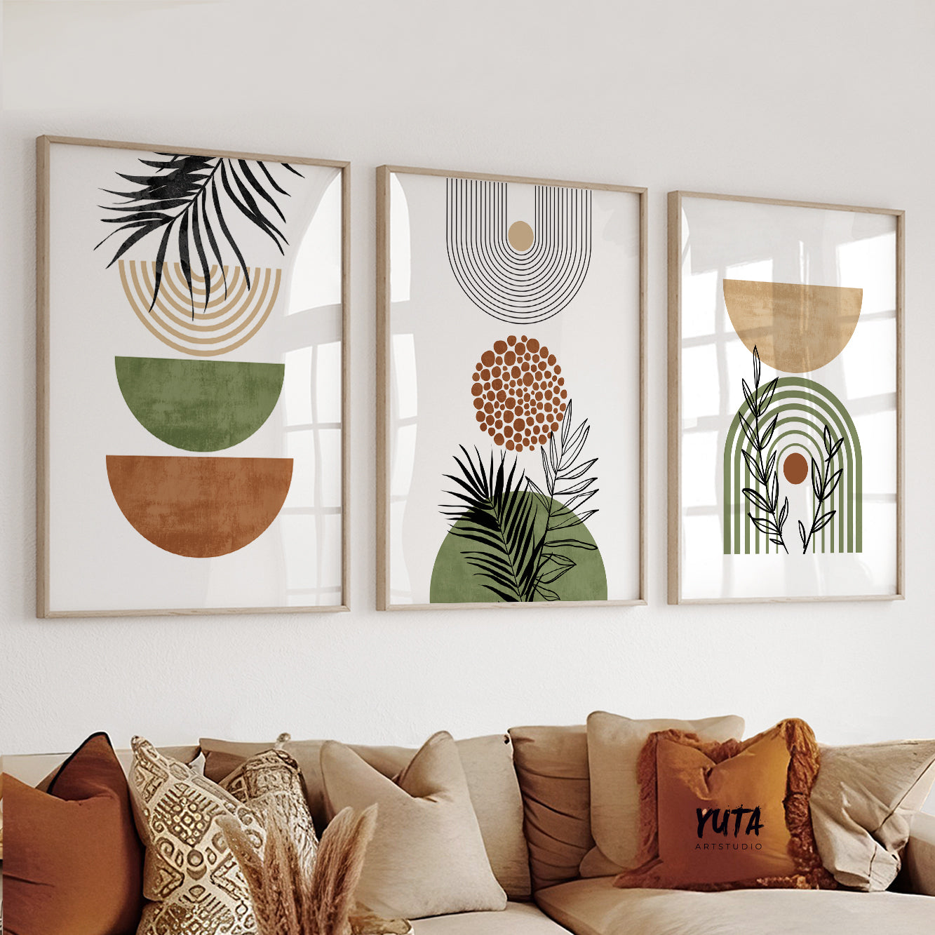 Earthy wall print set with geometric plant shapes and line art