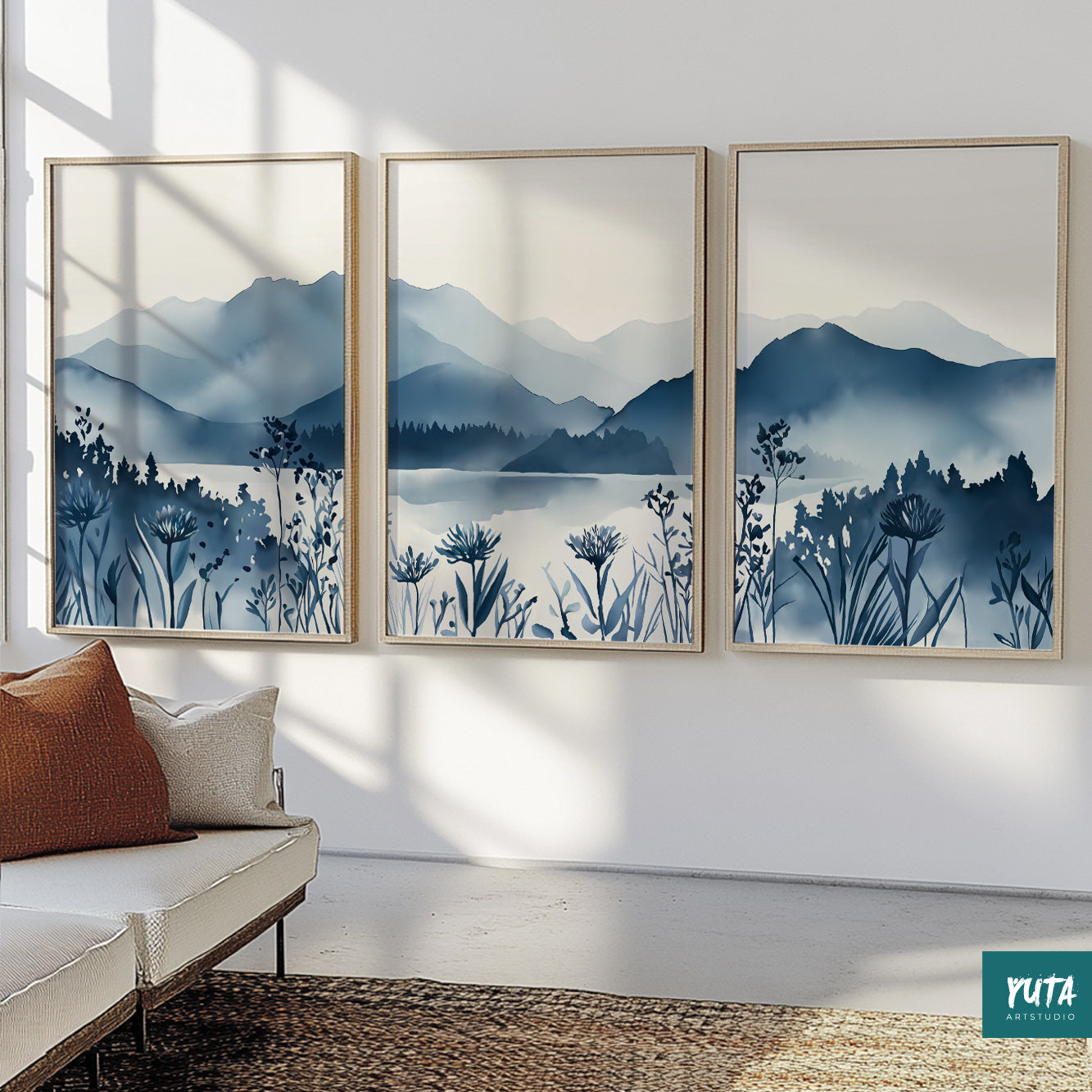 Scandinavian blue landscape prints set of three, modern botanical wall decor.