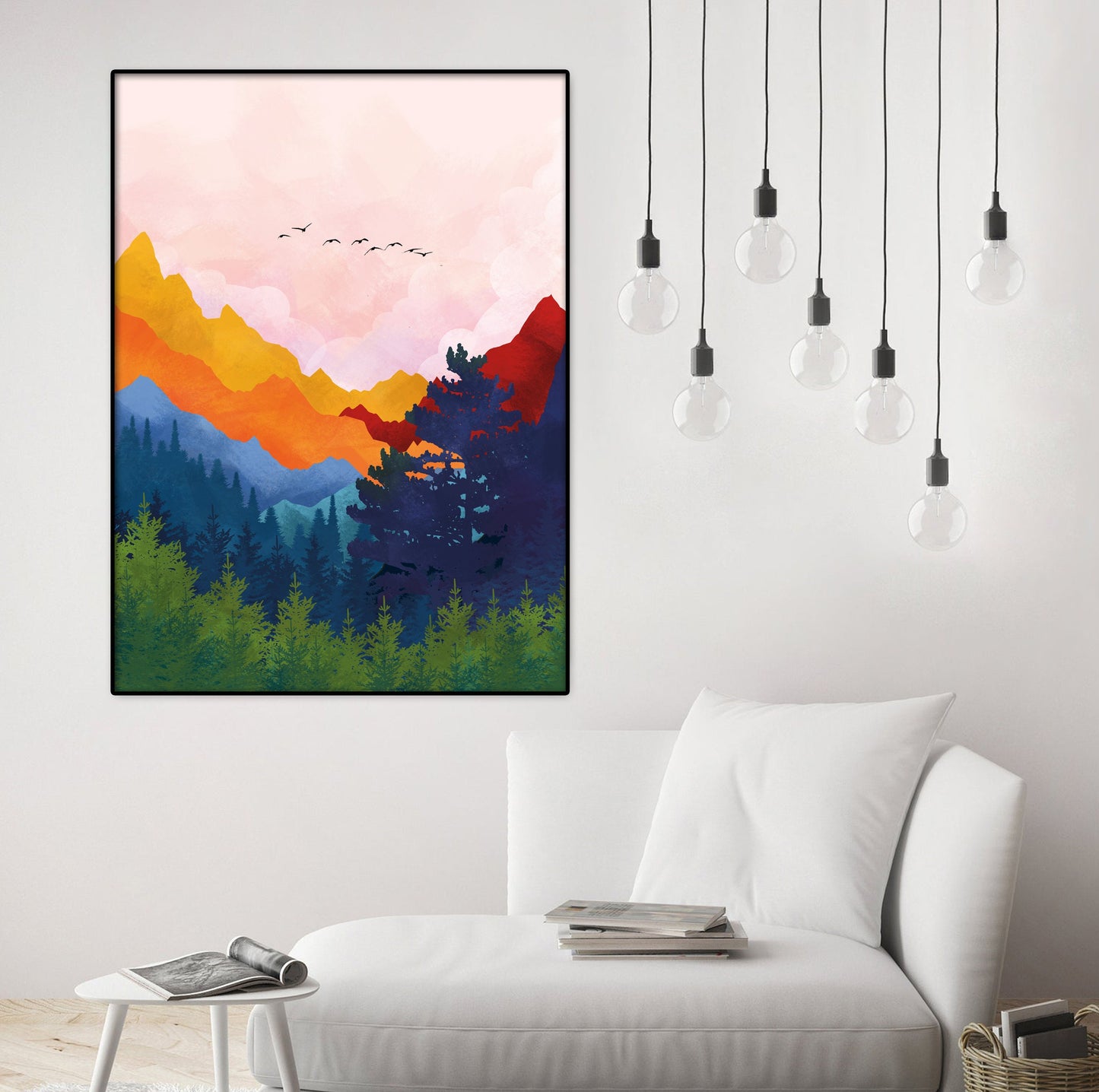 Colorful Scandinavian mountain print, abstract nature wall decor for modern homes.