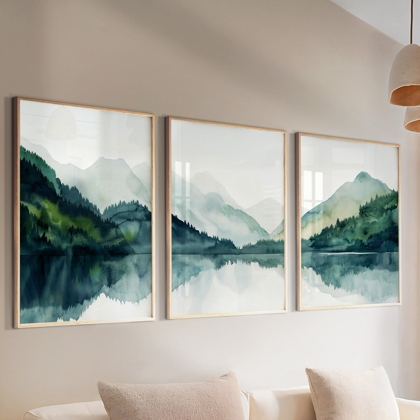 Minimalist mountain wall art with lake and forest scenery, emerald green landscape for modern Nordic decor.