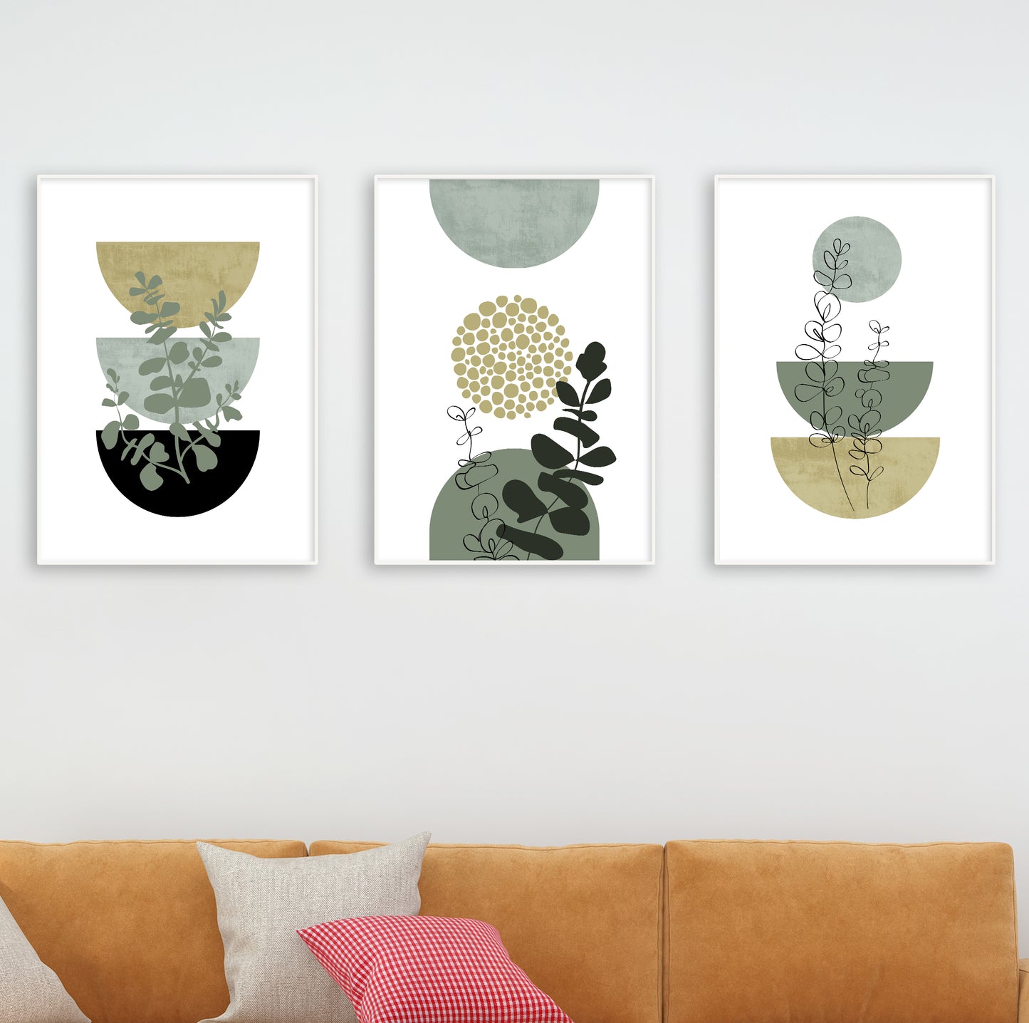Three minimalist wall prints combining nature themes with graphic elements in earthy tones.