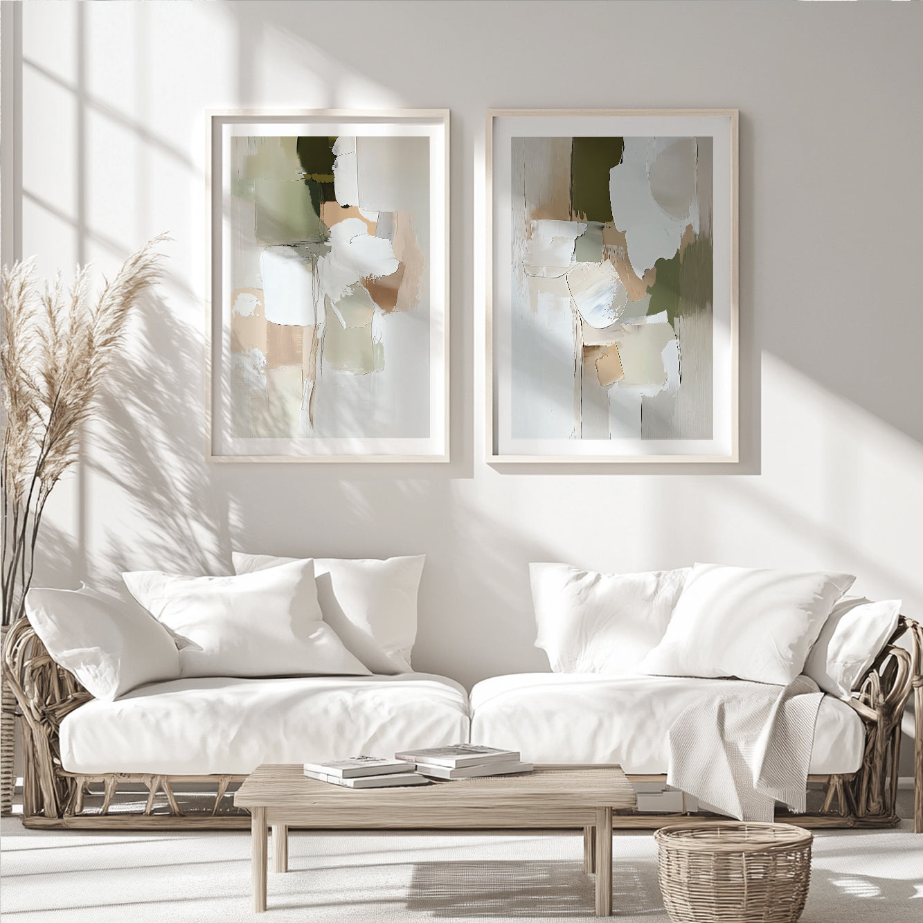 Pastel Olive Green Beige Set of 2 – Minimalist Nordic Brush Stroke Art