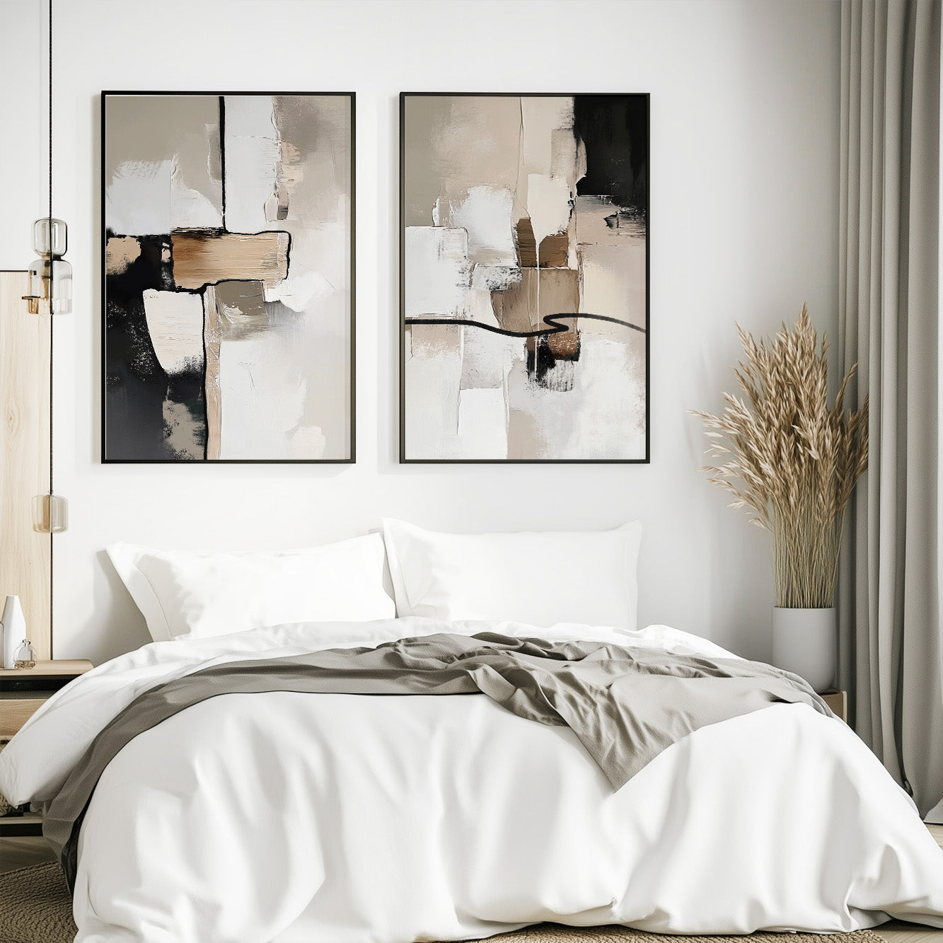 Neutral Abstract Brush Stroke Set of 2 – Black Beige Minimalist Art