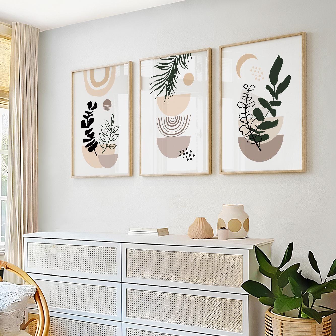 Boho bedroom wall decor – pastel beige black digital art set of 3 for cozy, modern living spaces.