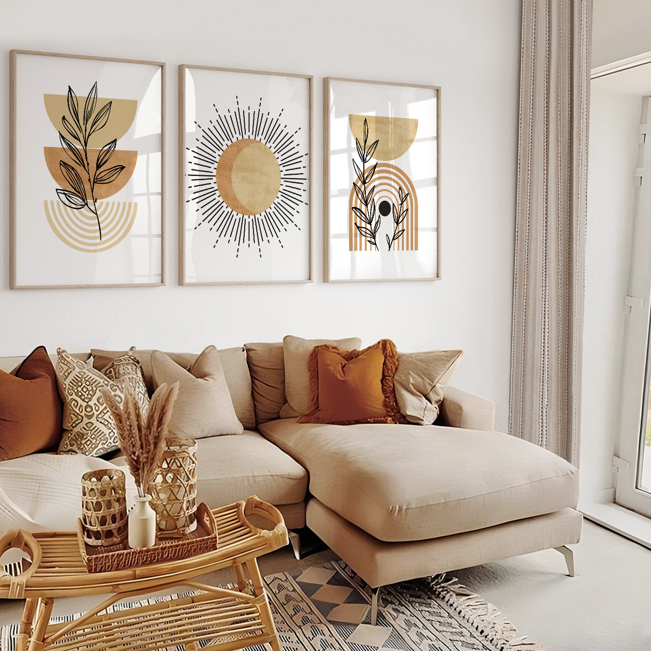 Boho Terracotta Beige Wall Art Set – Mid Century Modern Prints, Neutral Gallery Wall Set, Large Above Bed Decor