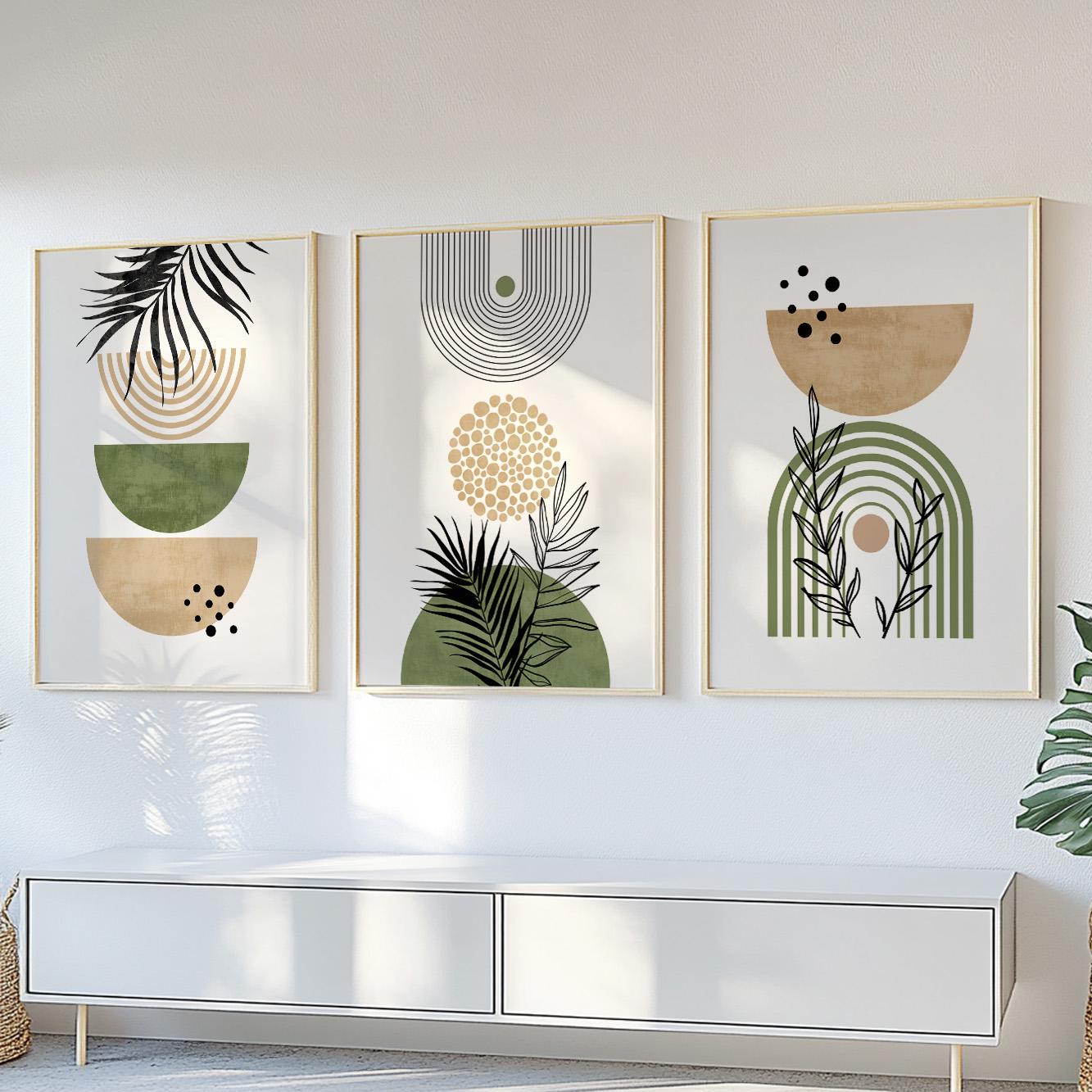 Neutral wall art set of 3 – beige and green pastel prints in mid century boho style.