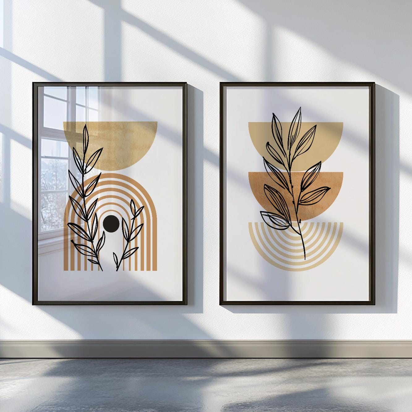 Boho wall art set – terracotta and beige neutral prints for Nordic-style bedroom or living room decor.
