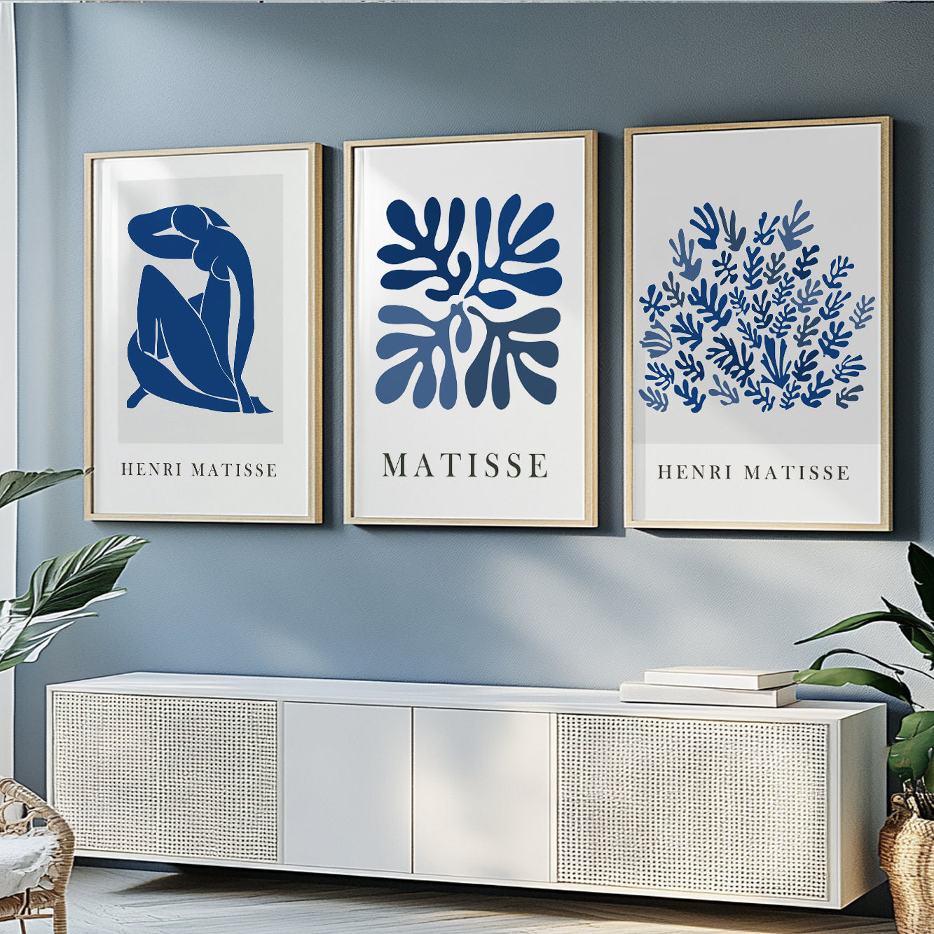 Mid century minimalist navy blue Matisse triptych – modern gallery wall set for stylish home decor.