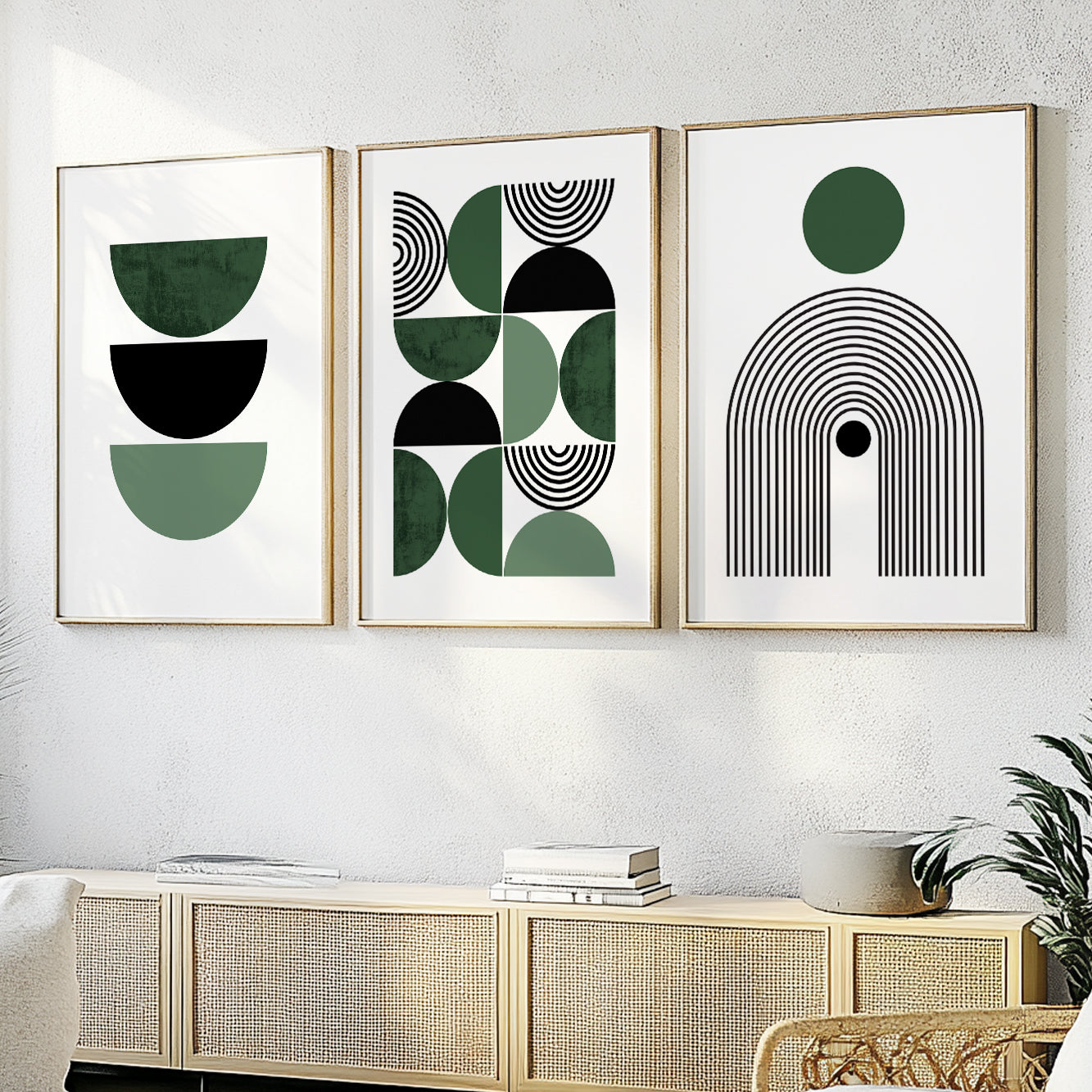 Mid-Century Modern Green Boho Print Set – 3 Abstract Art Prints for Wall Decor