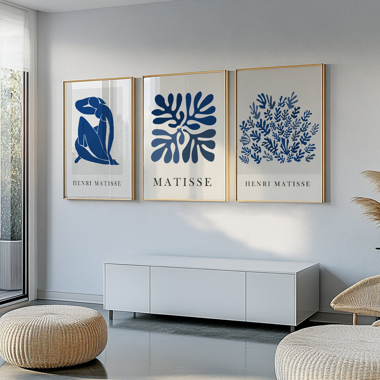 Mid century gallery wall art – navy blue Matisse print set for minimalist and elegant home decor.