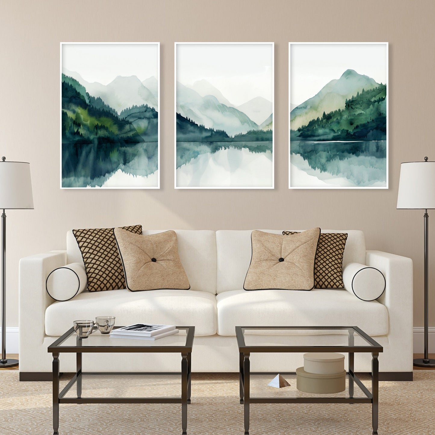 Modern Scandinavian mountain prints with tranquil lake and dense pine forest, set of 3.