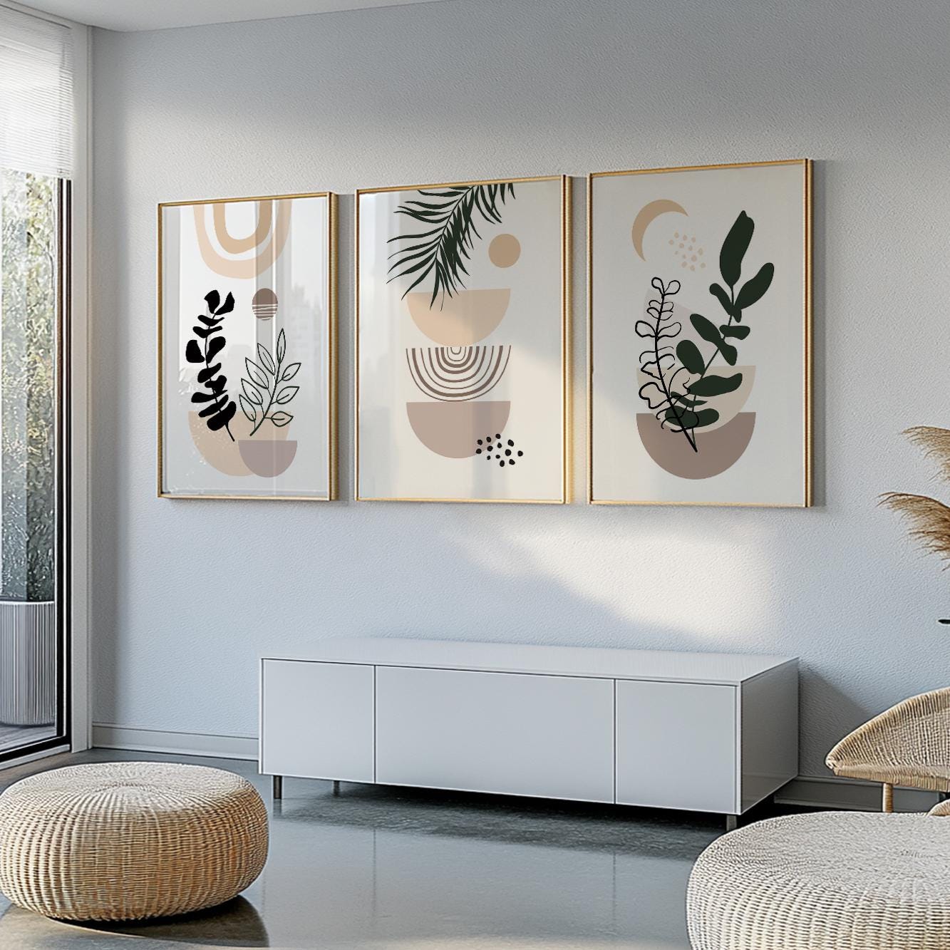 Beige boho wall art triptych – black & neutral modern prints for mid century inspired room decor.