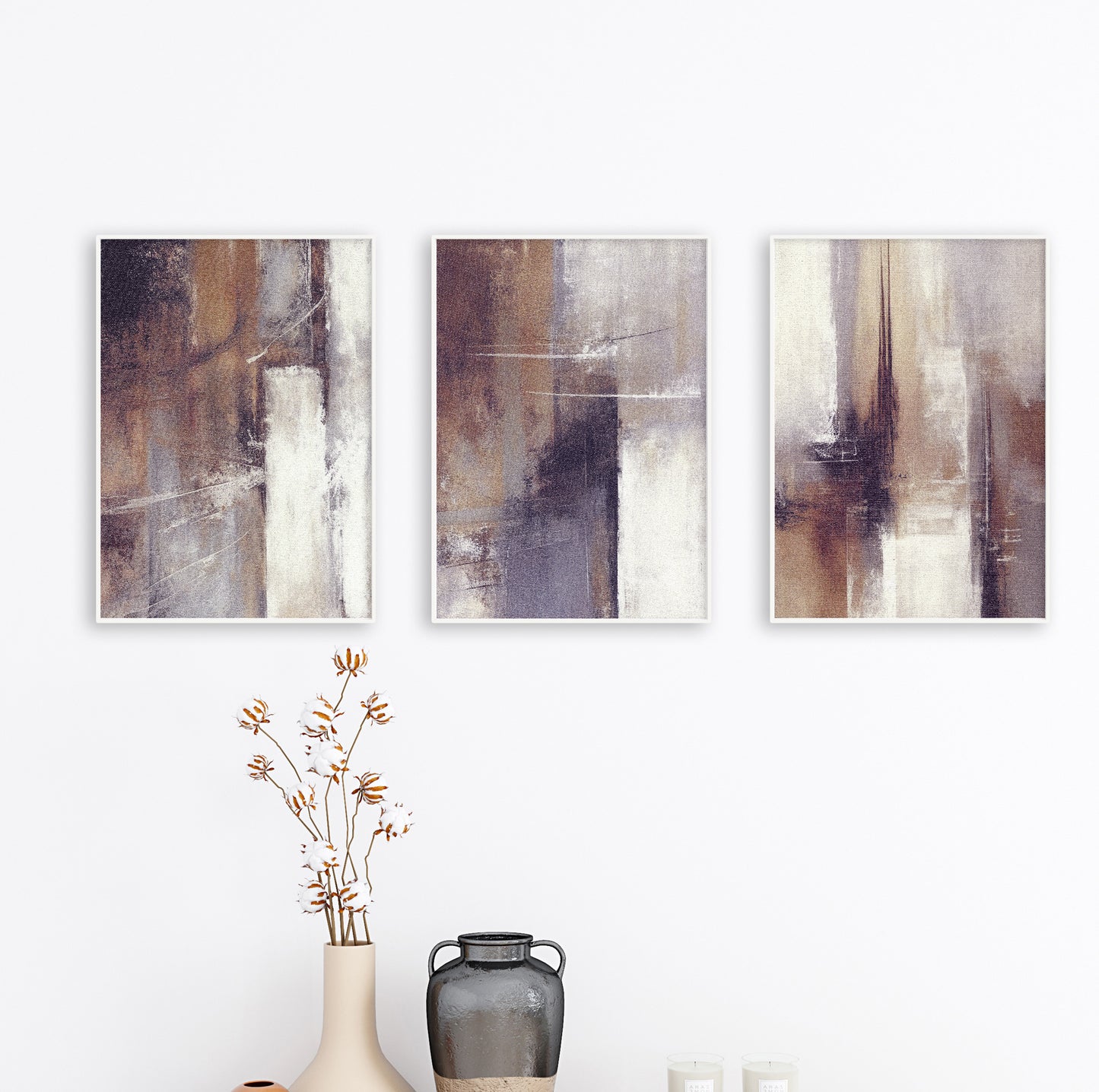 Framed abstract print with layered brush textures and muted colors for calm, modern decor.