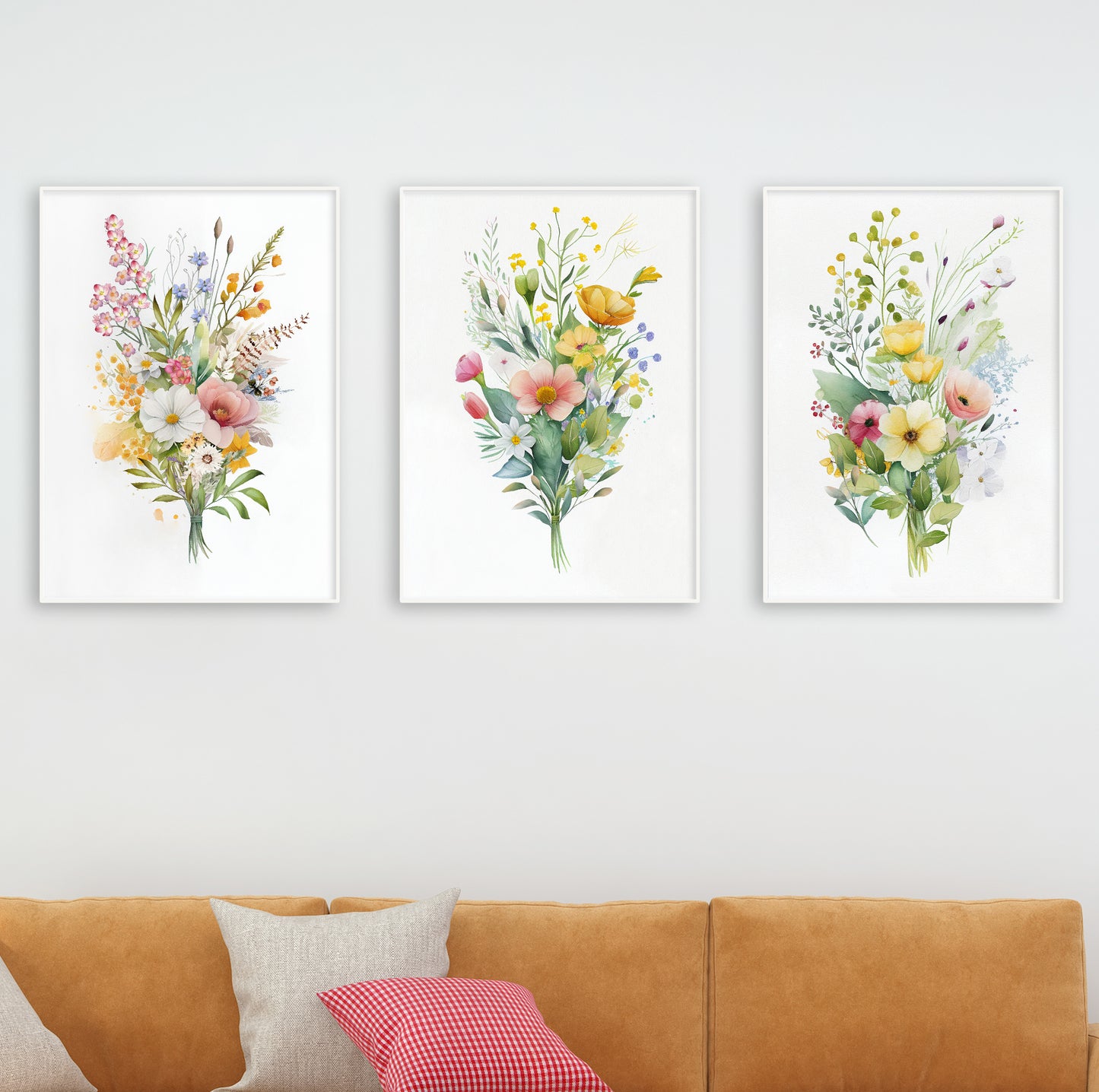 Three-panel pastel floral print set with elegant watercolor flower arrangements.