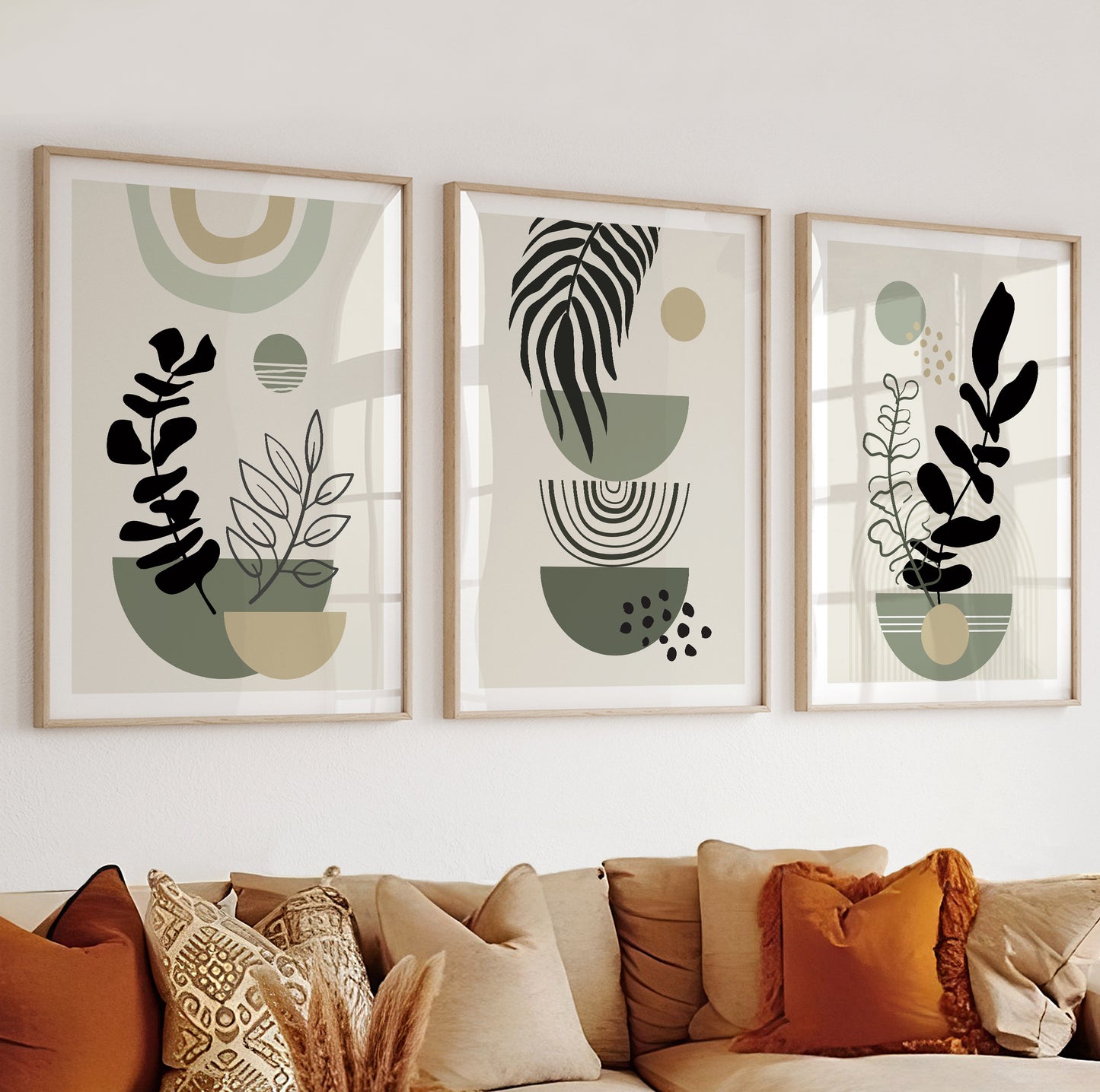 Graphic poster featuring layered semicircles and a stylized botanical hanging leaf.