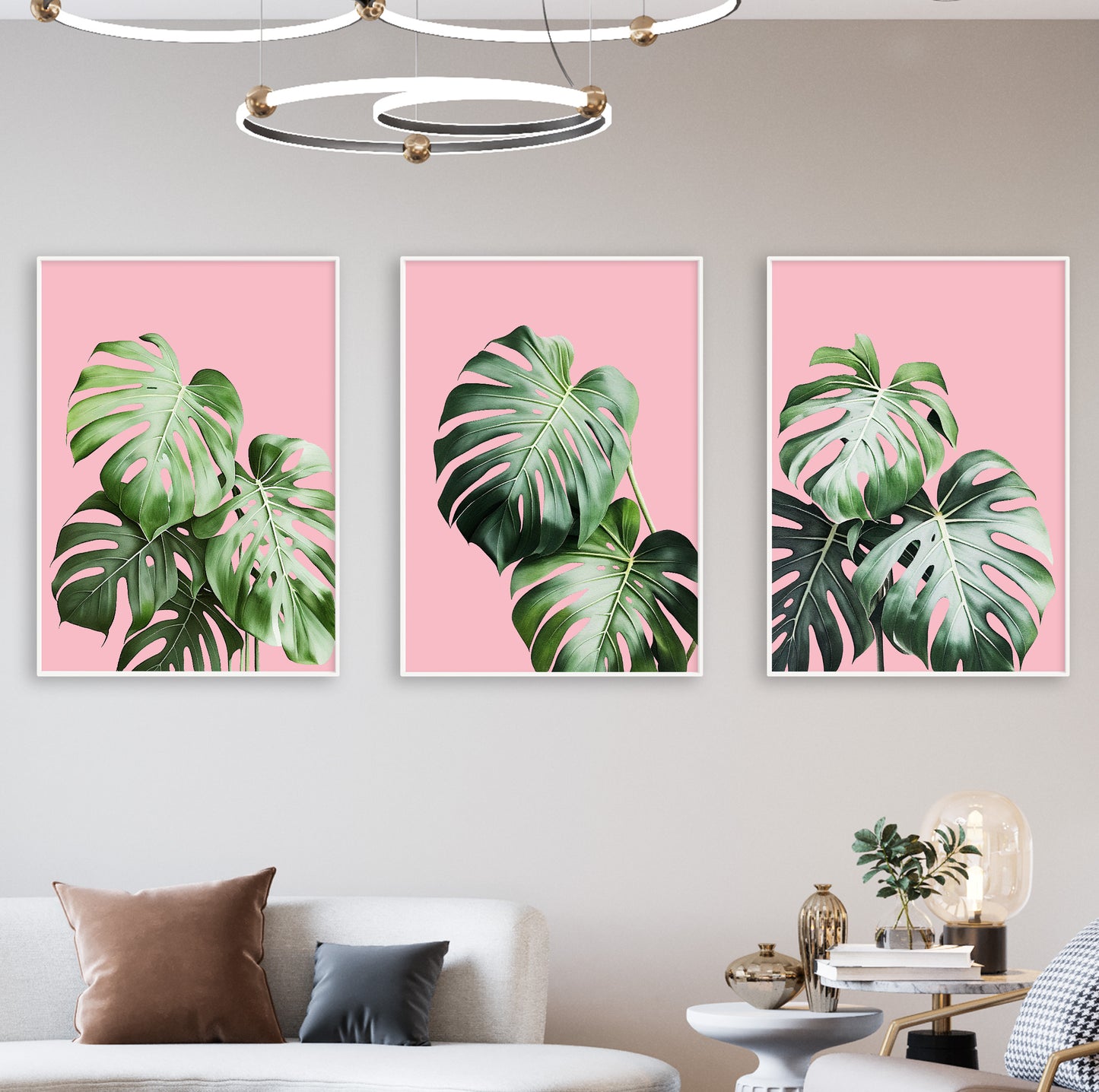 Monstera triptych offering tropical flair and bold color for fun, fashion-forward spaces.
