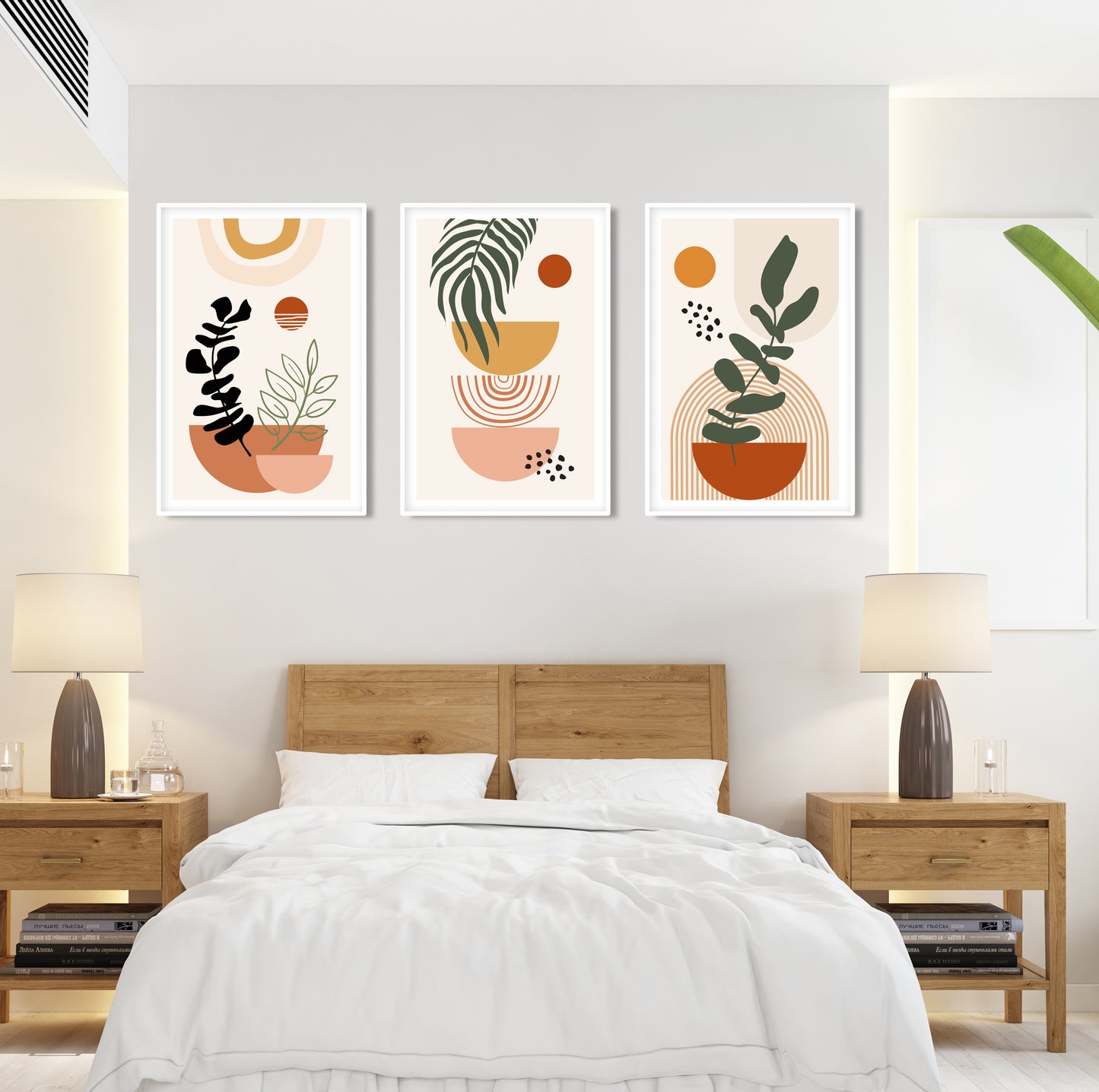 Mid century modern terracotta art set of 3, abstract wall prints for warm-toned neutral home or apartment