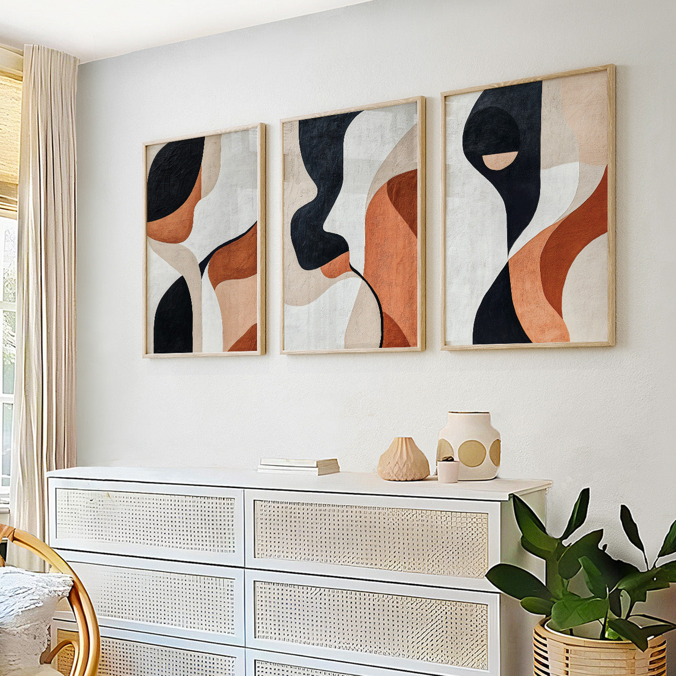 Modern Abstract Set of 3 – Black Terracotta Nordic Geometric Art (USA)