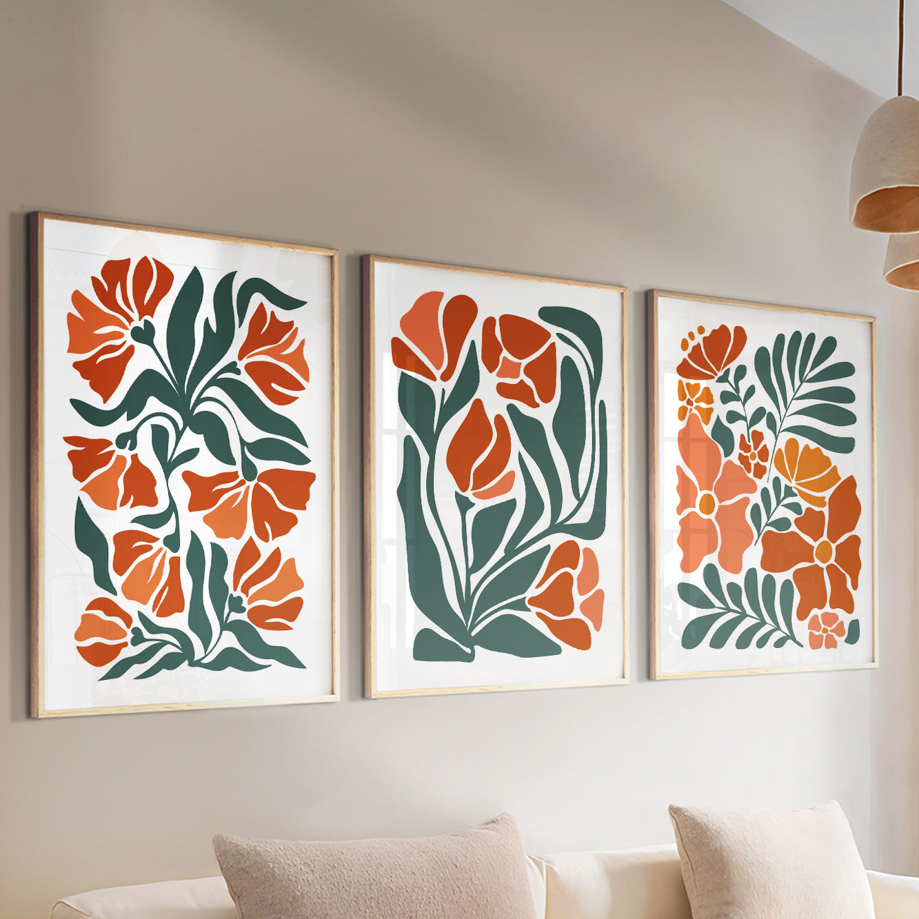 Vintage Boho Floral Wall Art Set of 3 – Light Terracotta Botanical Prints for Mid Century Living Rooms