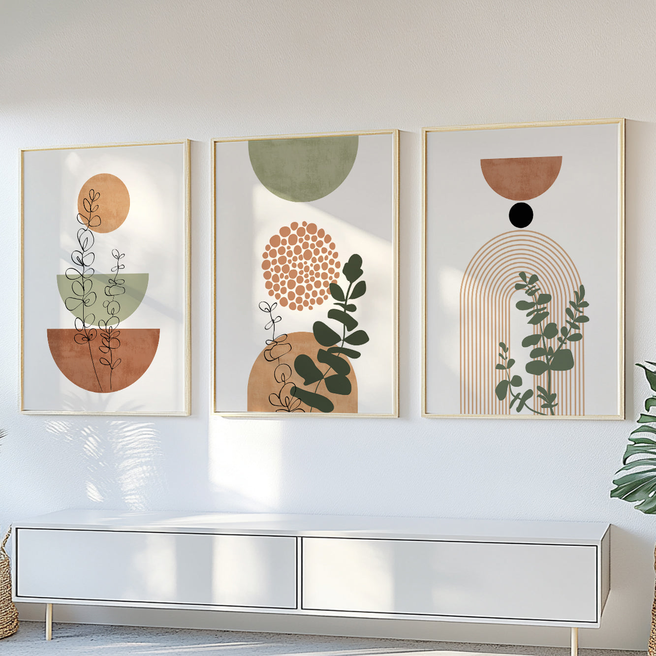 Terracotta green boho wall art set of 3 – mid century modern neutral prints for living room or above bed decor.
