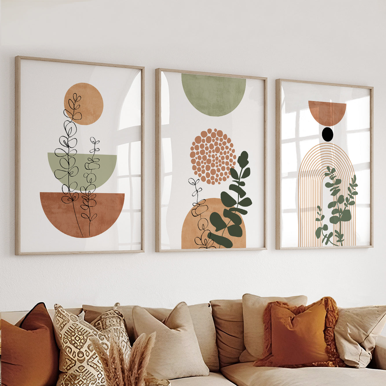Large boho wall prints – neutral terracotta green set of 3 for modern living room or bedroom spaces.
