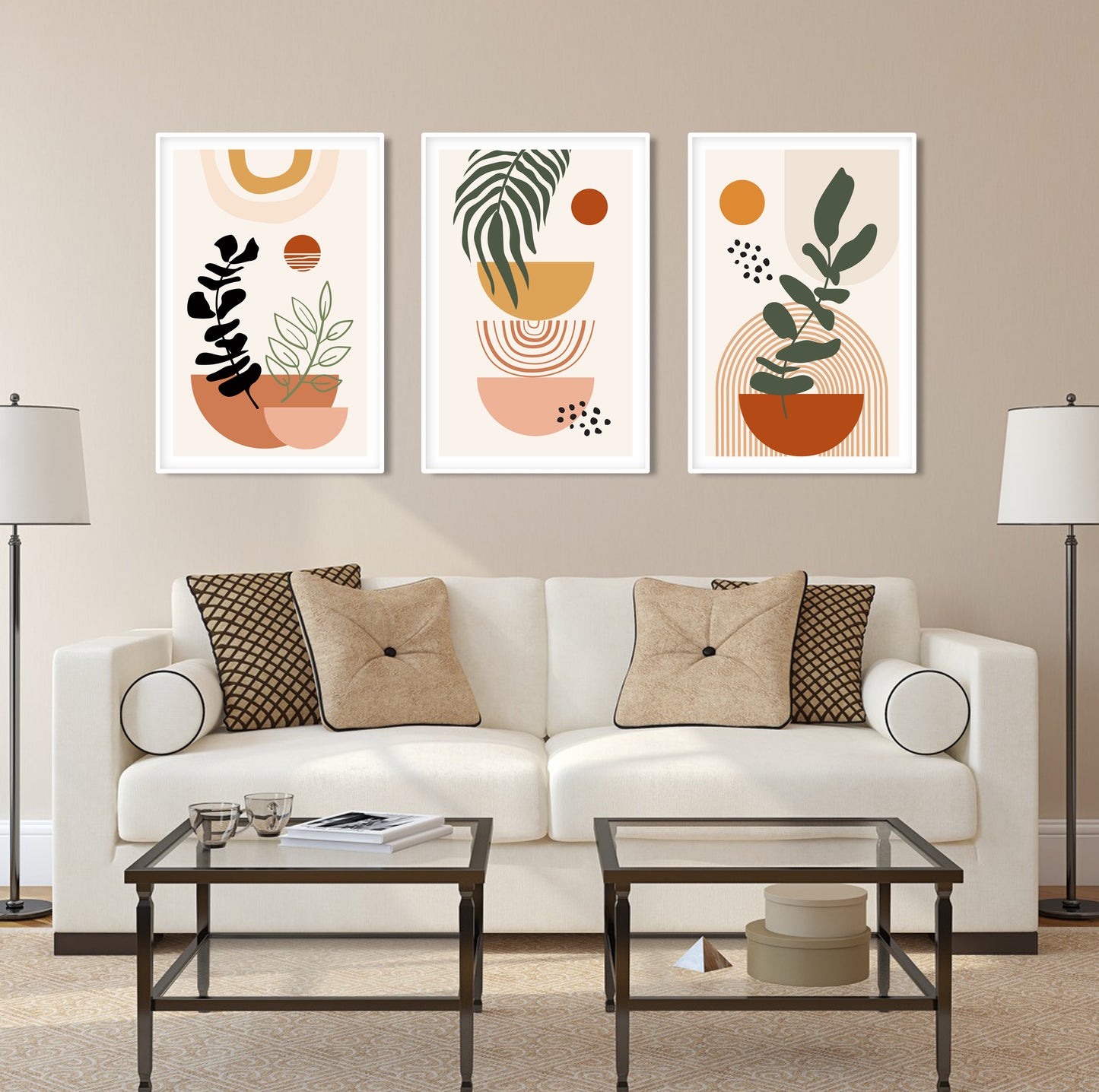 Large abstract boho wall art set in terracotta and beige, perfect for bedroom above bed or entryway styling