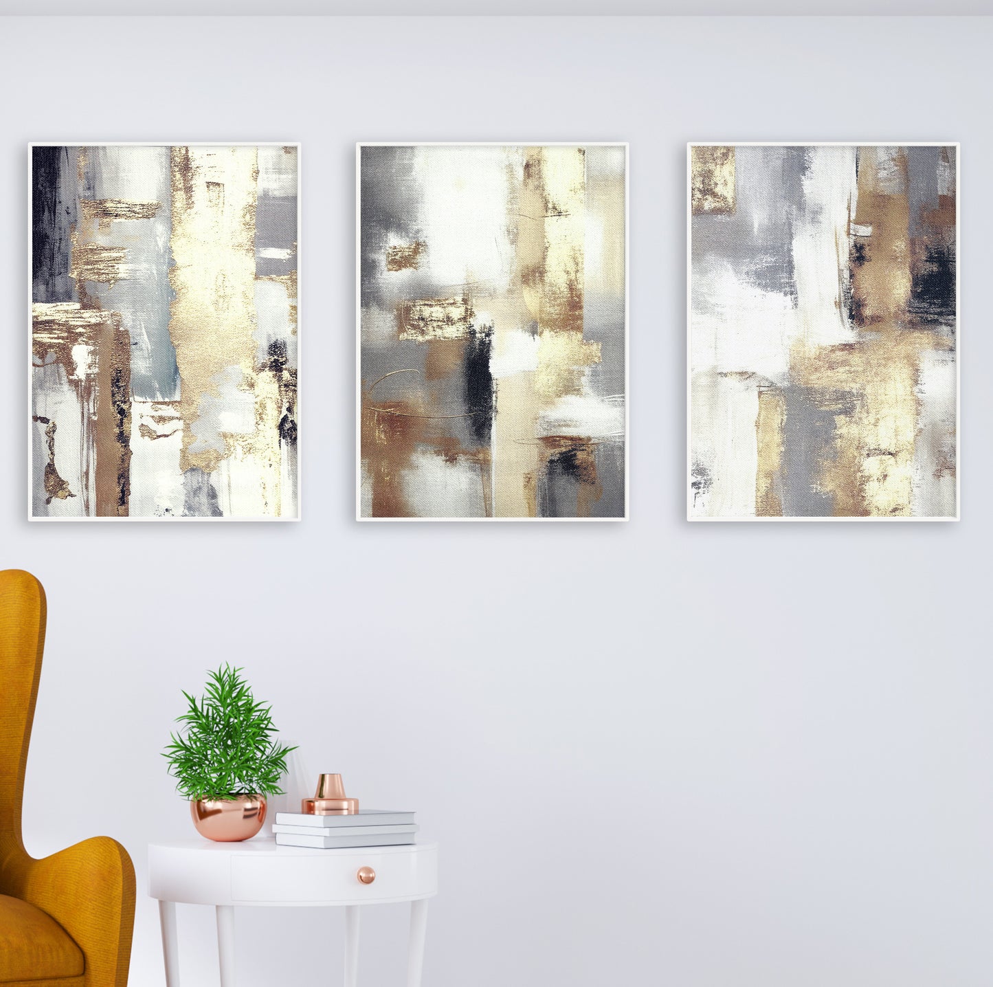 Textured neutral abstract painting set of 3 in gold and beige tones.