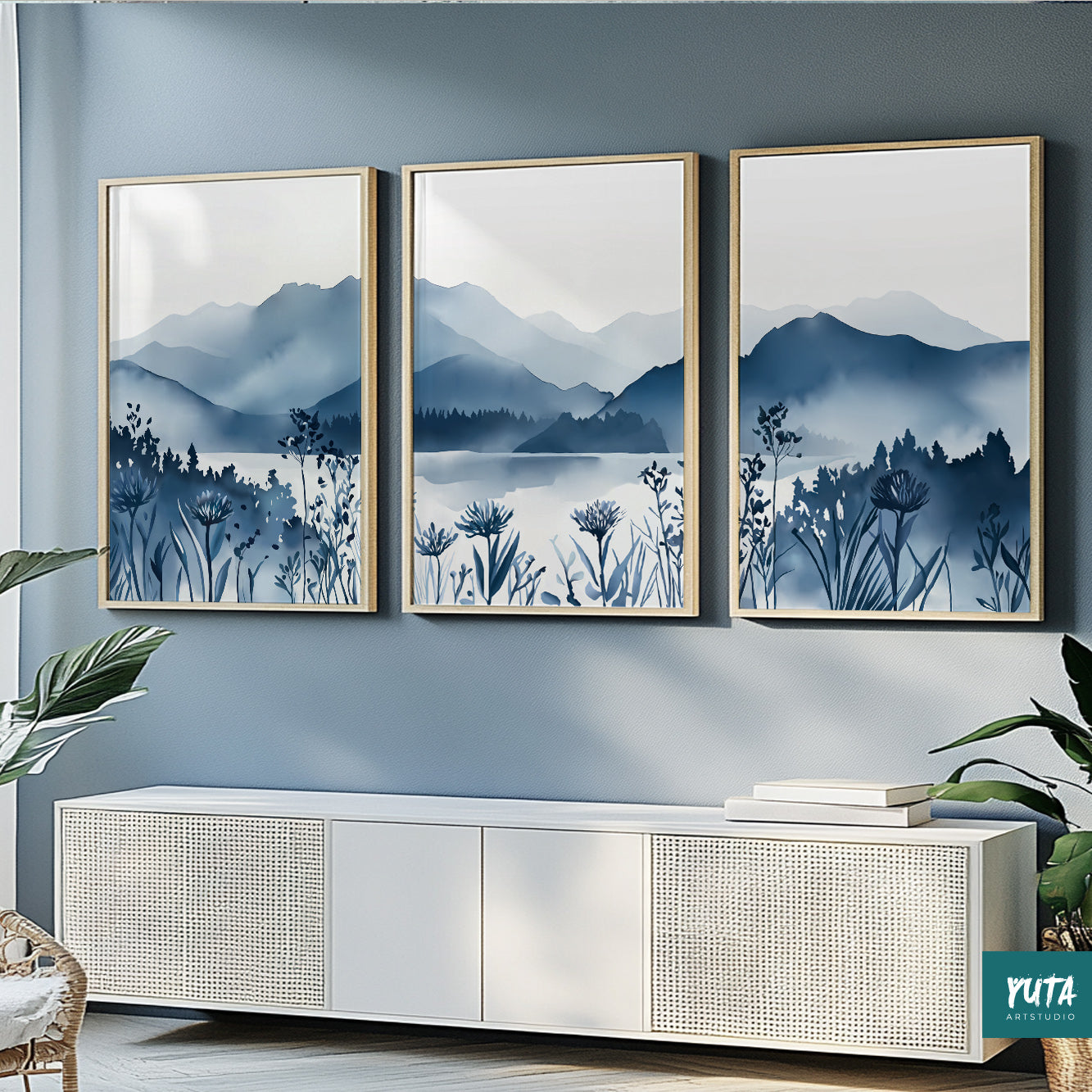 Three-piece mountain art set in calming blue tones for modern home decor.