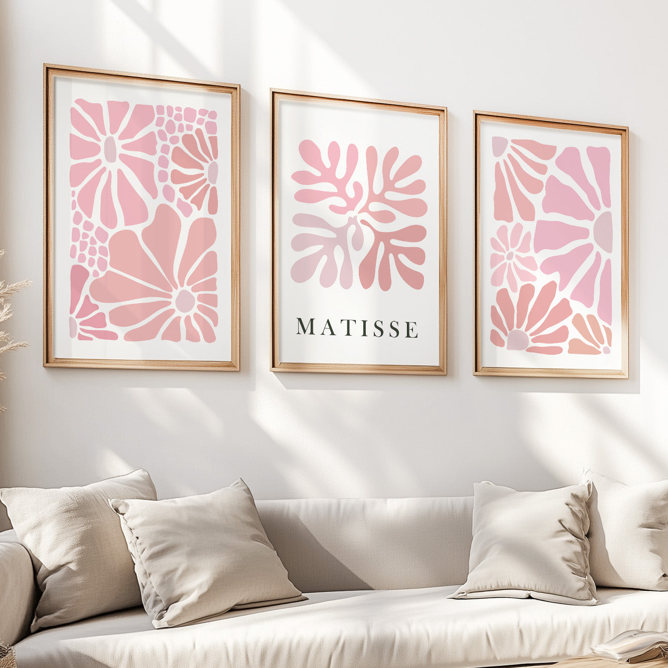 Abstract Pink Matisse Floral Set of 3 Prints – Neutral Minimalist Mid Century Modern Posters, Vintage Wall Art
