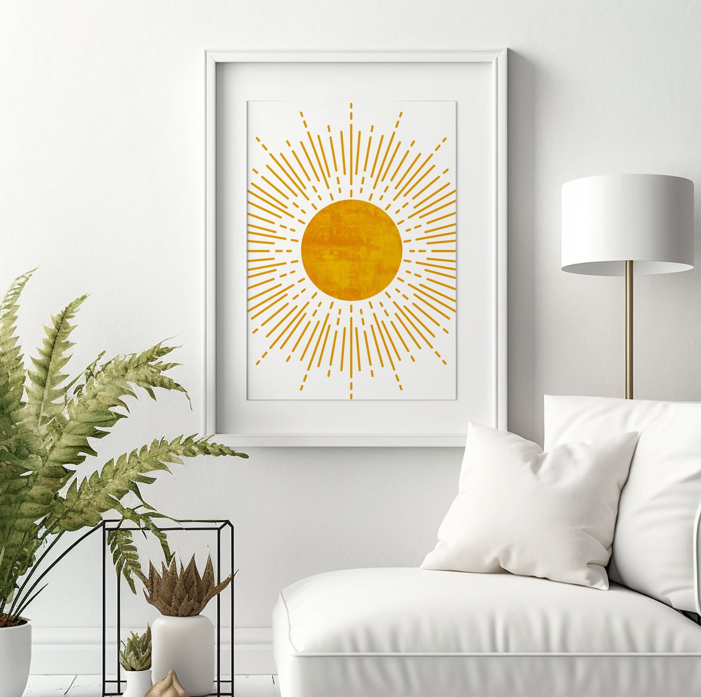 Trendy boho mid-century art set featuring blue and mustard large gallery prints.