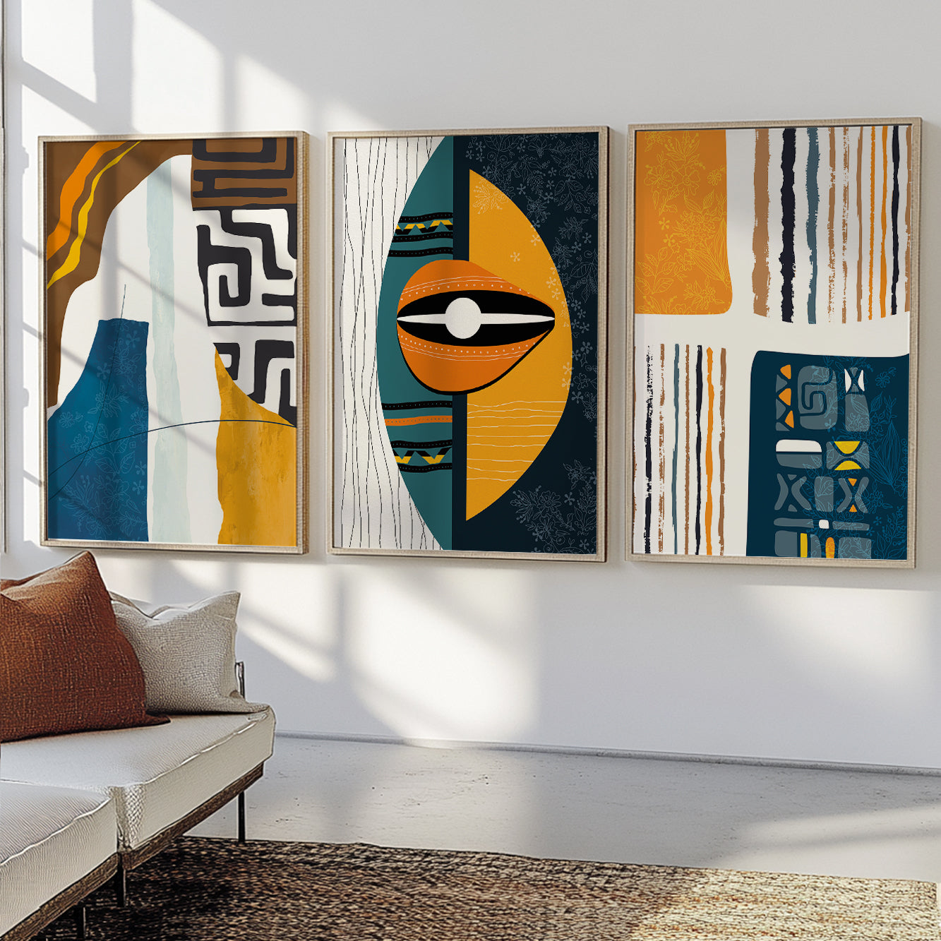 Bright African tribal ornament art – set of 3 abstract prints, modern colorful gallery wall decor
