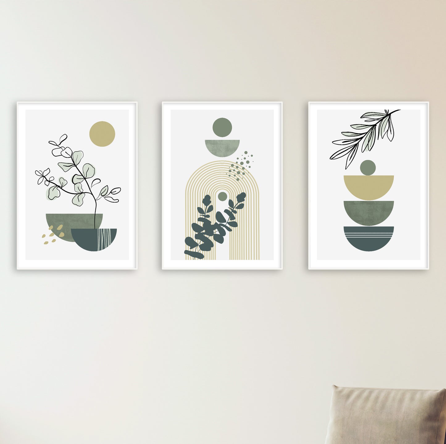 Set of 3 botanical prints combining organic foliage with geometric designs in earthy colors.