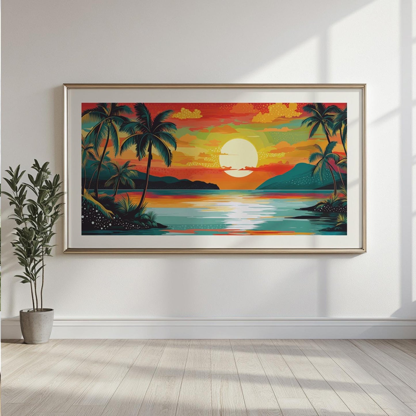 Vibrant beach sunset wall art featuring glowing skies, tropical water reflections, and abstract mountains in the distance for modern interiors.