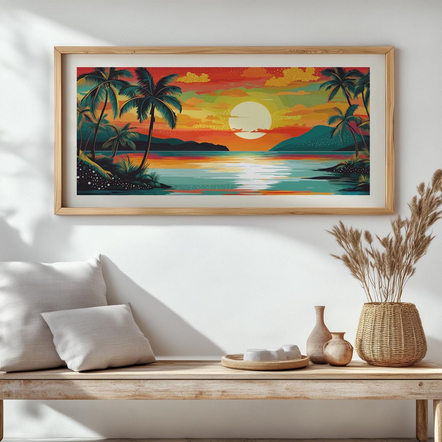 Panoramic tropical print of a vivid beach sunset with calm sea waves and distant mountain peaks, perfect for relaxing above-bed or living room art.