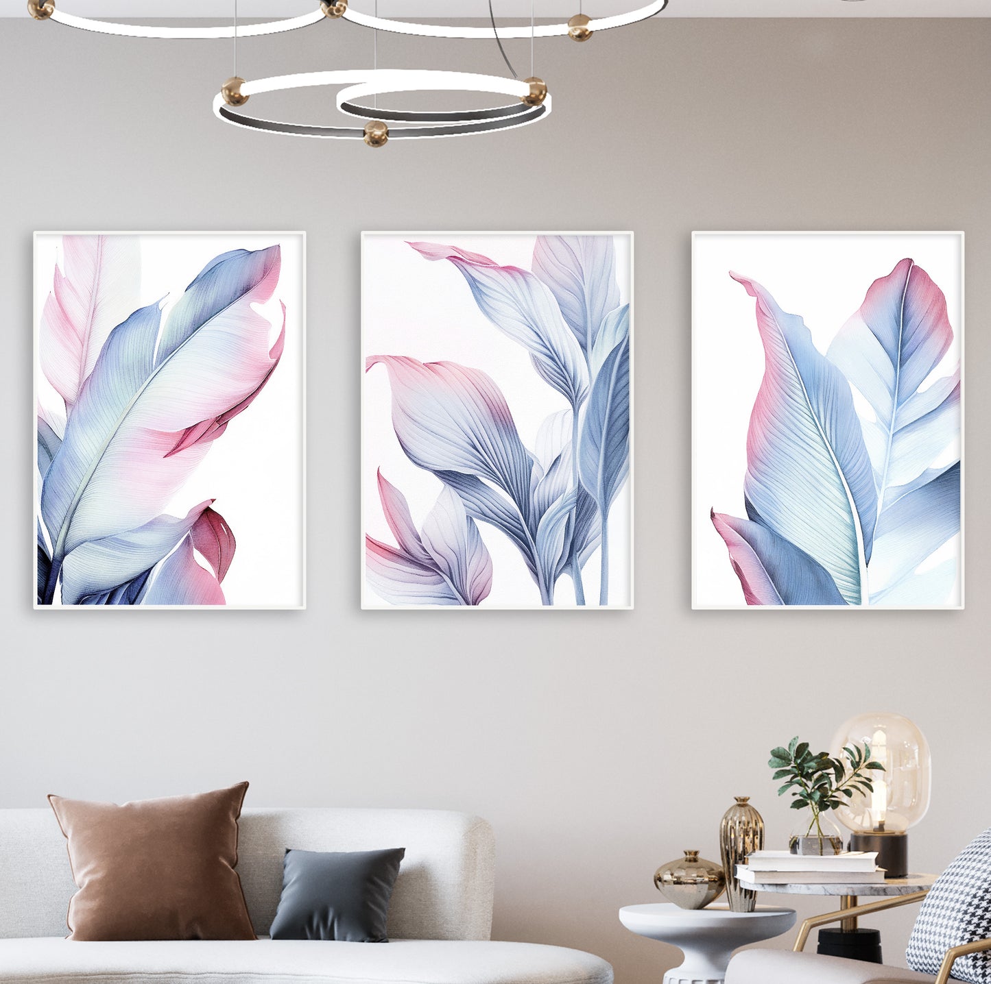 Elegant blue and blush leaf illustration in soft gradient tones, part of a stylish wall art set.