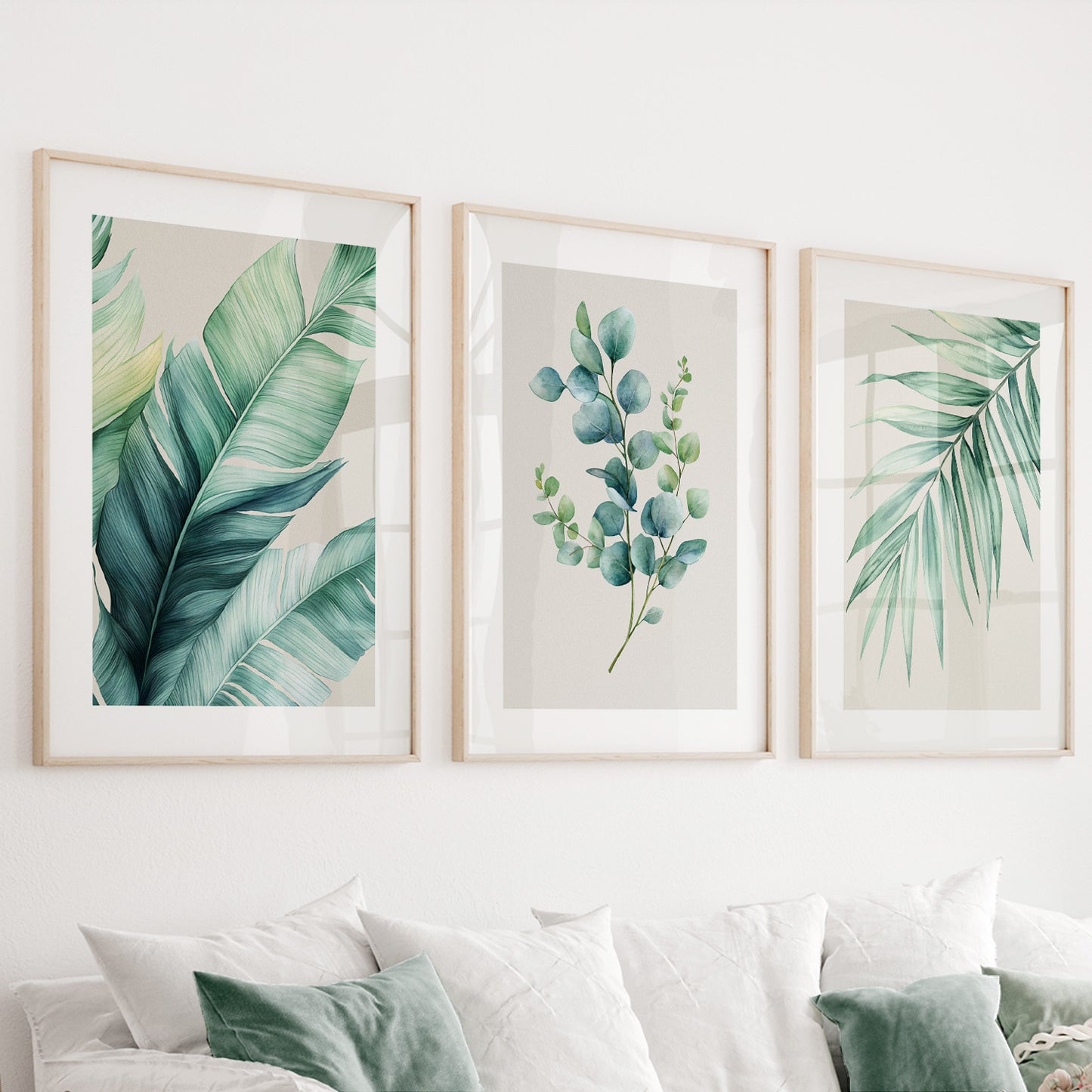 Set of three tropical botanical prints featuring watercolor banana leaf, palm leaf and eucalyptus on premium paper and canvas