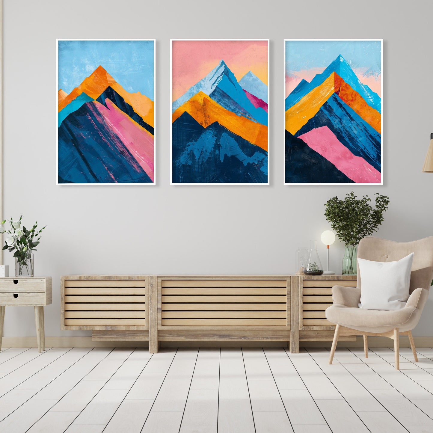 Abstract colorful mountain prints set of 3 – vibrant blue and pink nature wall decor
