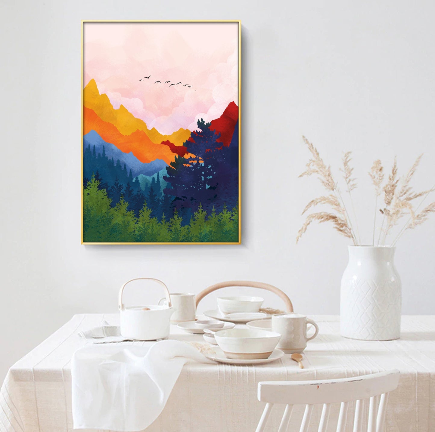 Scandinavian abstract mountain wall art with bright colorful design, modern Nordic painting.